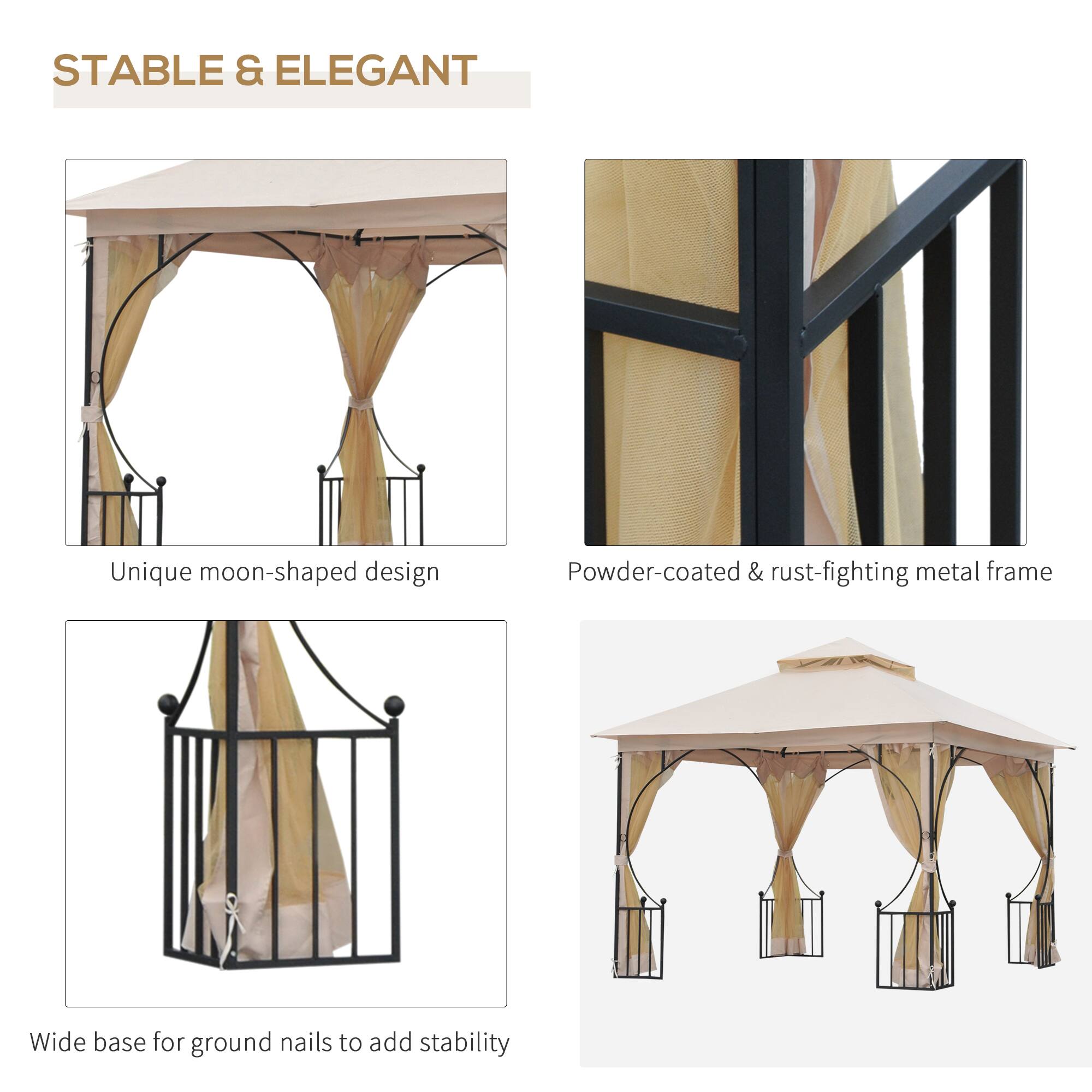 STABLE & ELEGANT

- Unique moon-shaped design
- Powder-coated & rust-fighting metal frame
- Wide base for ground nails to add stability