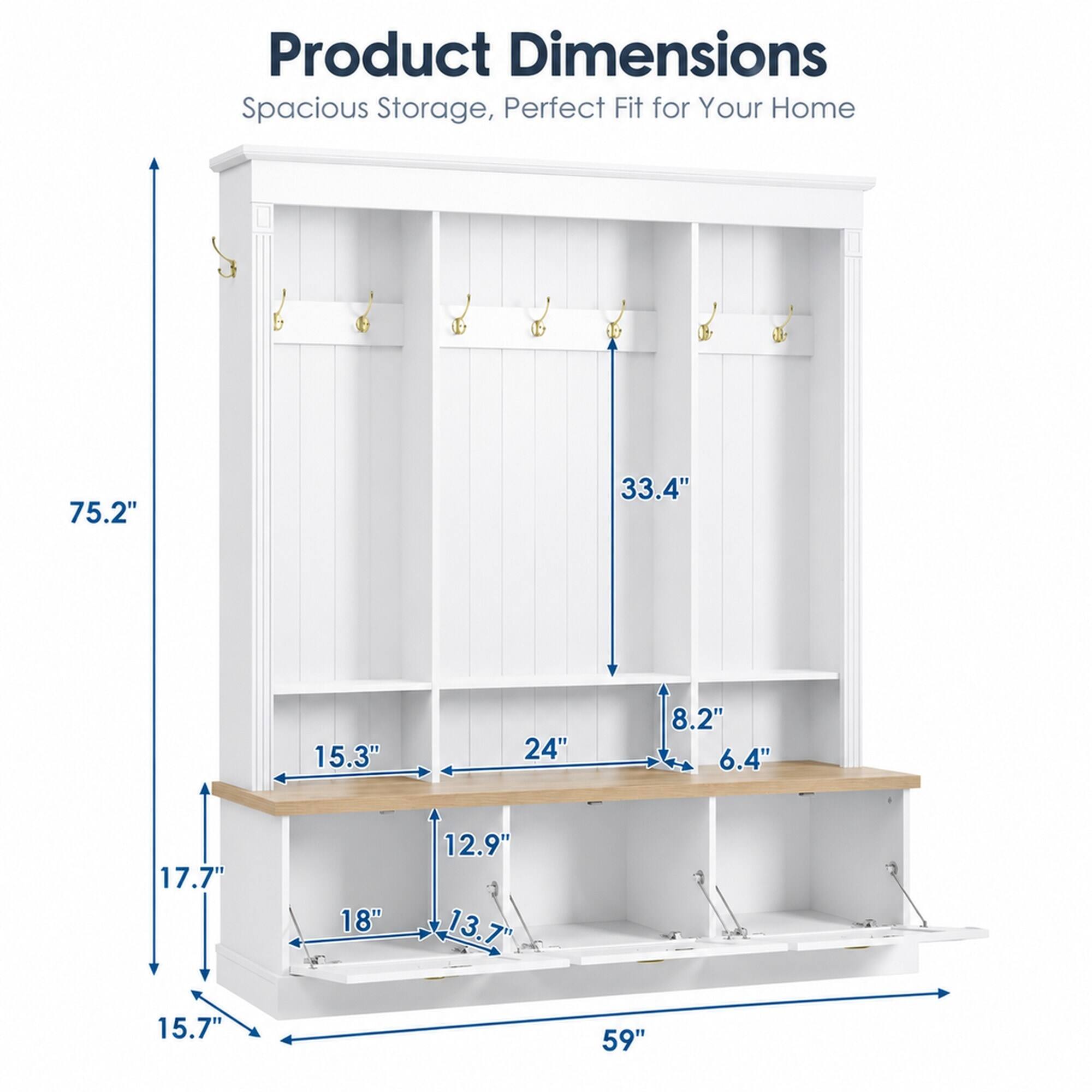 Product Dimensions: Spacious Storage, Perfect Fit for Your Home

- Height: 75.2"
- Width: 59"
- Depth: 15.7"
- Shelf 1: 17.7" (height) x 15.3" (depth)
- Shelf 2: 12.9" (height) x 24" (depth)
- Shelf 3: 13.7" (height) x 18" (depth)
- Cabinet 1: 33.4" (height) x 8.2" (depth)
- Cabinet 2: 6.4" (depth)