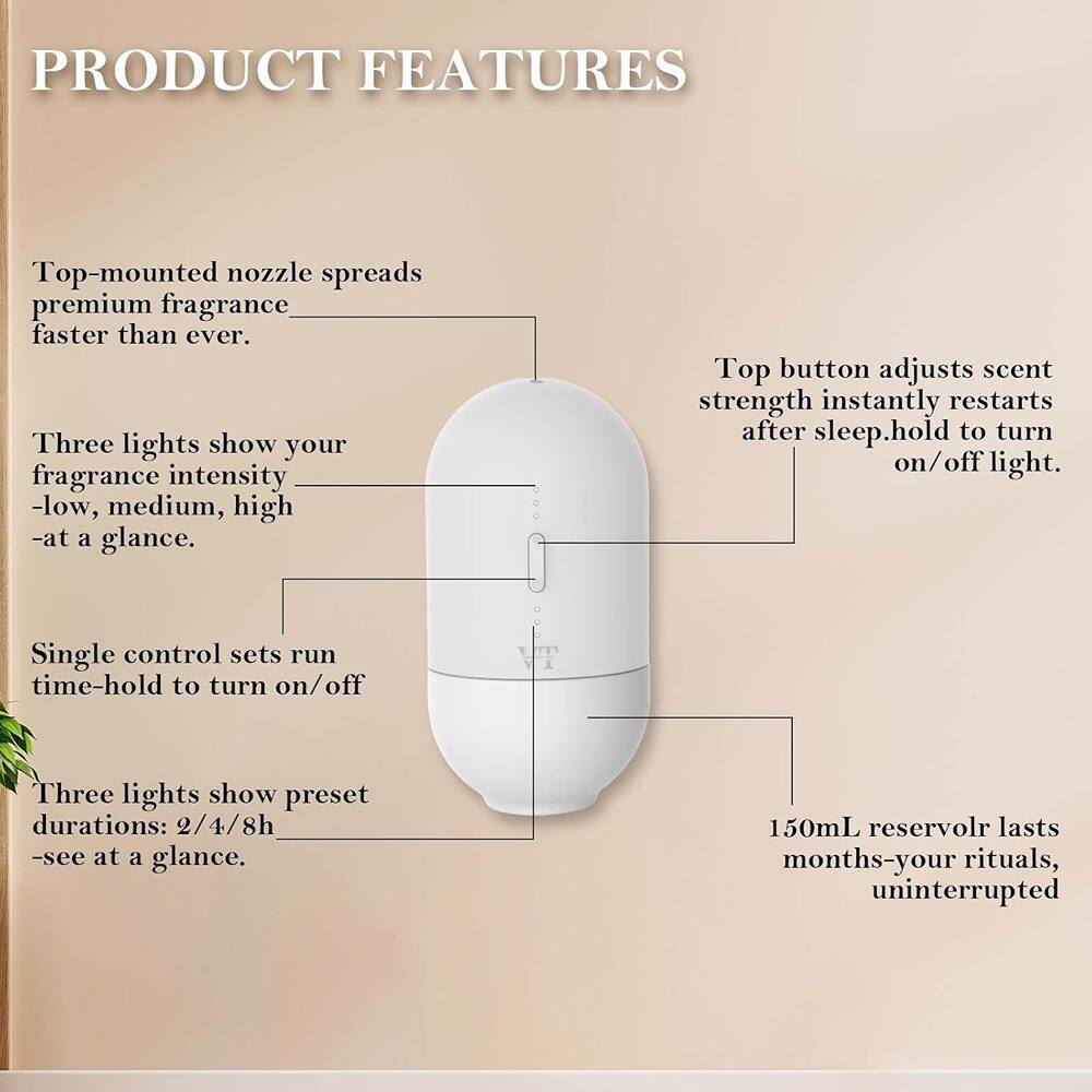 PRODUCT FEATURES

- Top-mounted nozzle spreads premium fragrance faster than ever.
- Three lights show your fragrance intensity - low, medium, high - at a glance.
- Top button adjusts scent strength instantly restarts after sleep. Hold to turn on/off light.
- Single control sets run time - hold to turn on/off.
- Three lights show preset durations: 2/4/8h - see at a glance.
- 150mL reservoir lasts months - your rituals, uninterrupted.