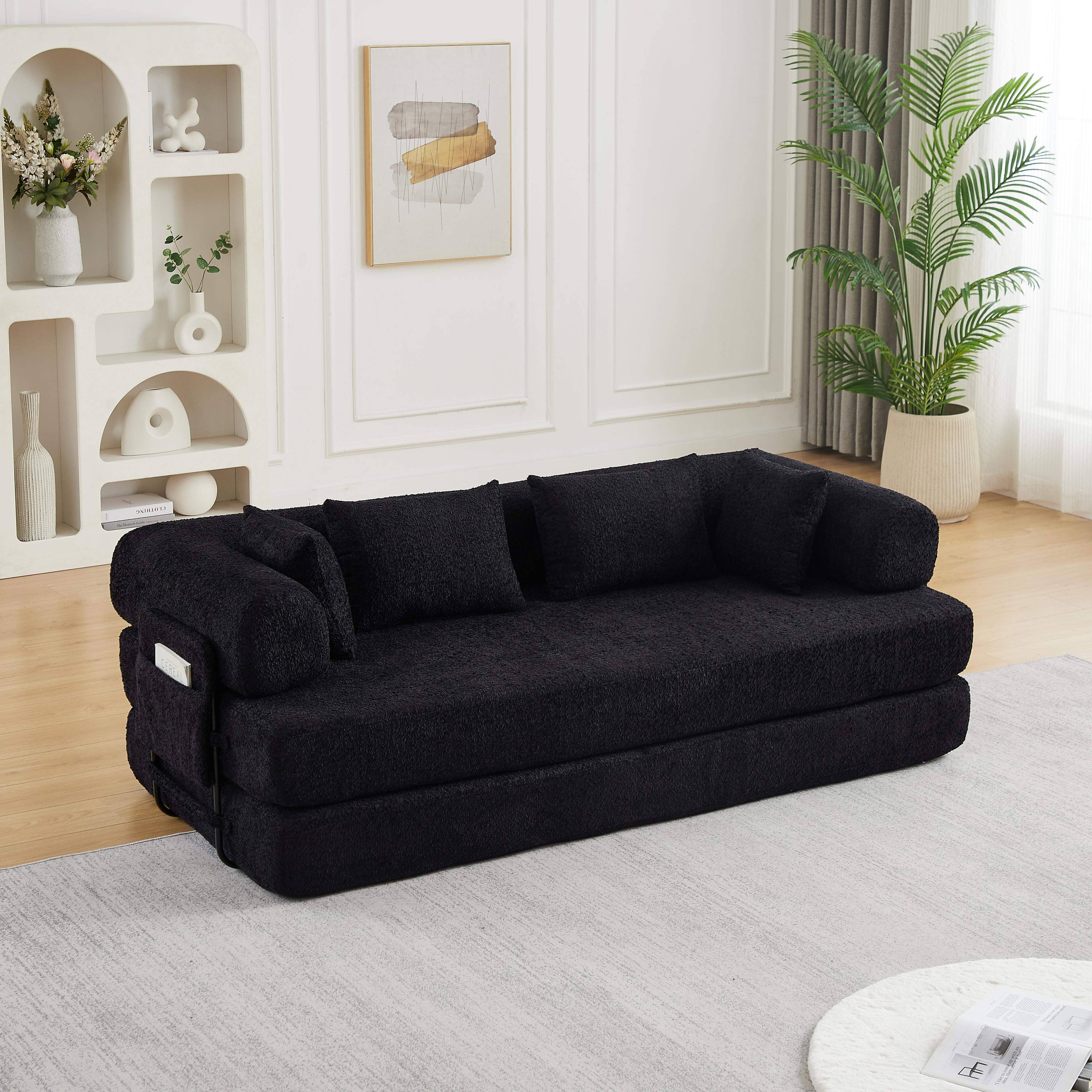 Alt View 1. Roomtec - 78.7Inch Convertible Sleeper Sofa Bed with Cylindrical Pillow Chenille Folding Mattress Couch with Folding Sofa Bed - Black.