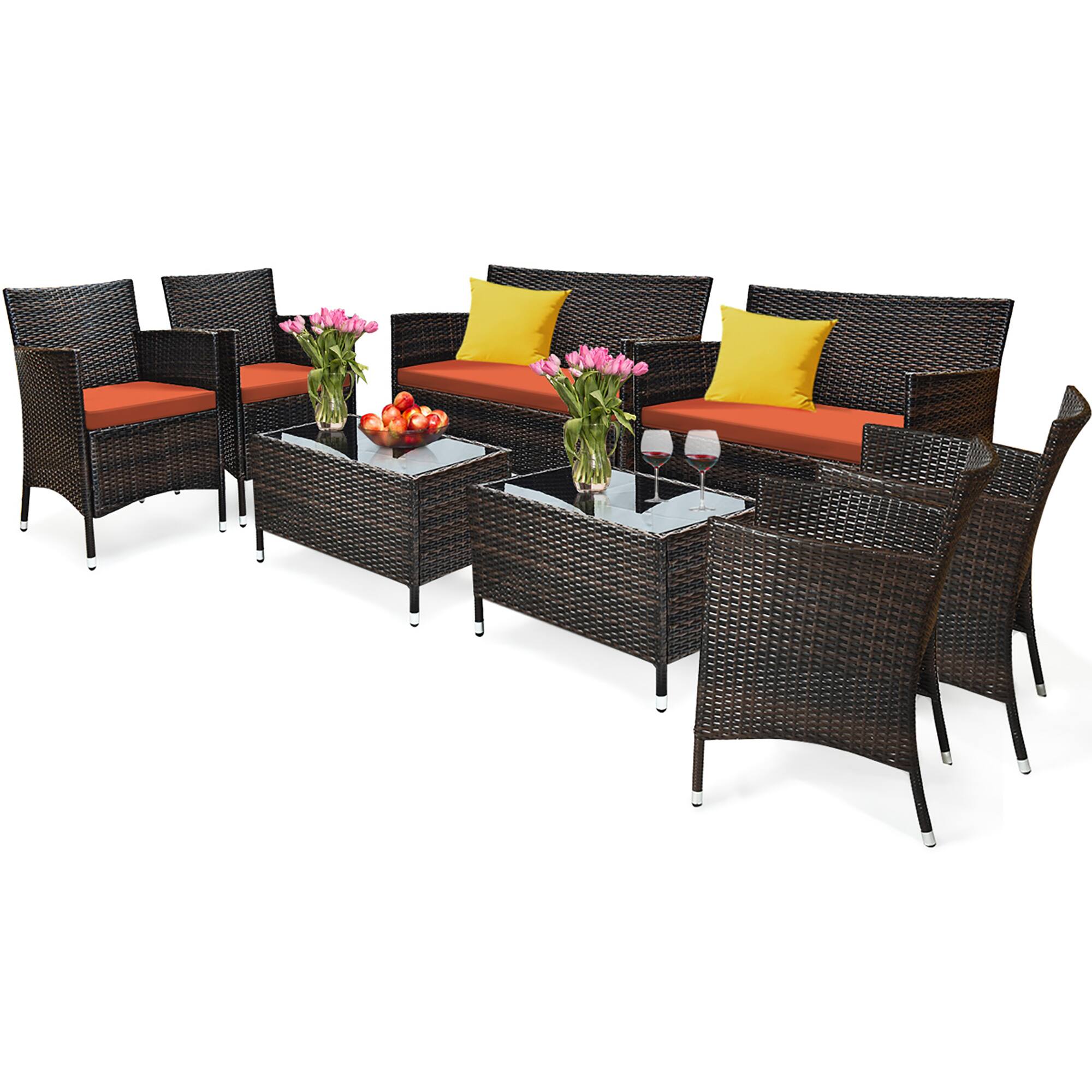 Alt View 9. Gymax - Gymax 8PCS Patio Rattan Conversation Furniture Set Outdoor w/ Orange Cushion - Orange.