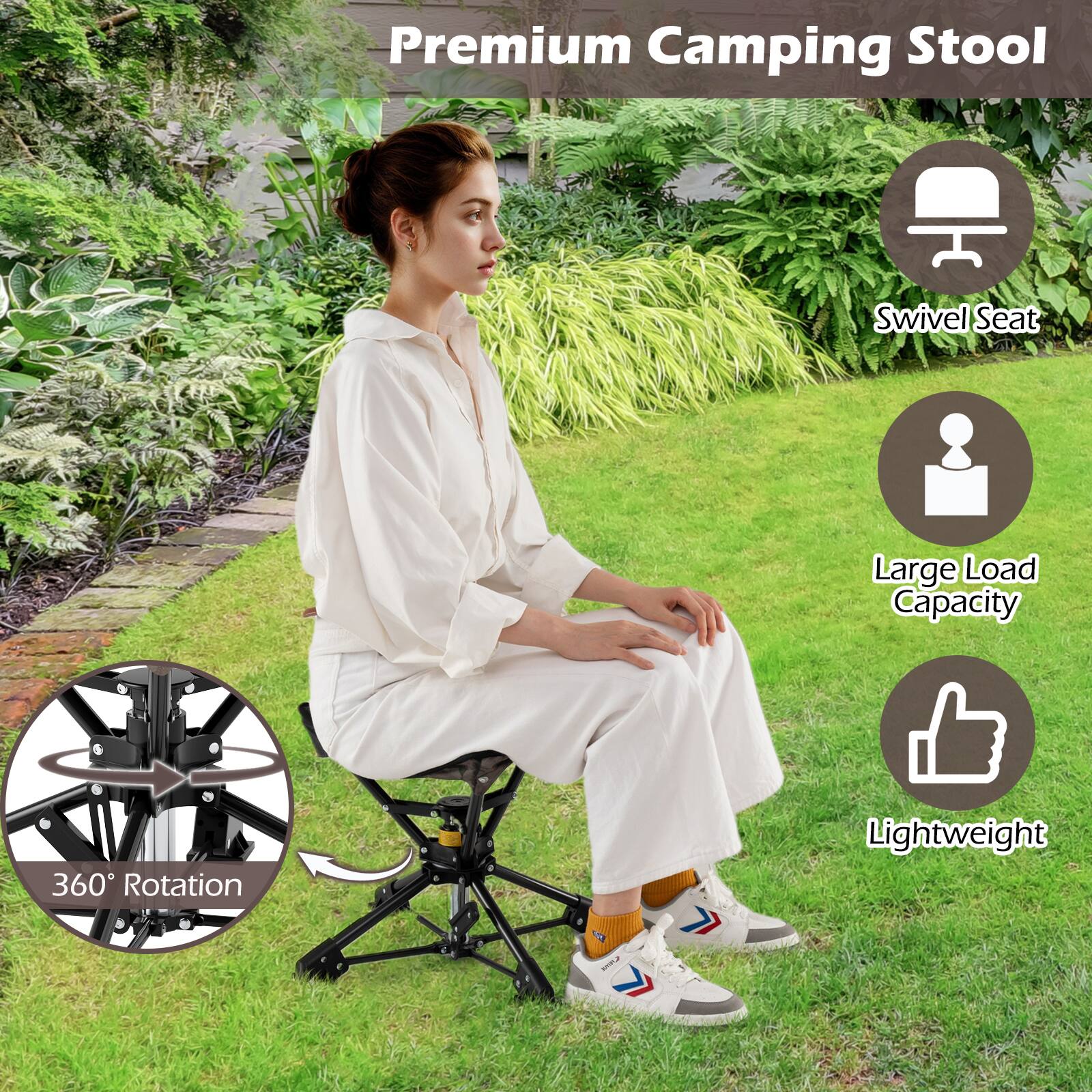 Premium Camping Stool

- Swivel Seat
- 360° Rotation
- Large Load Capacity
- Lightweight