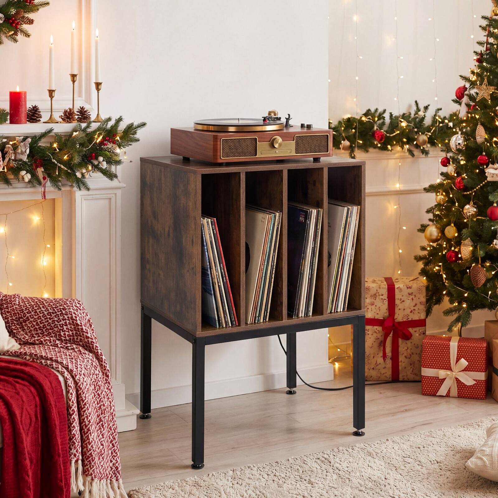 Alt View 1. Costway - Costway Record Player Stand with Power Outlets,Turntable Station with Divider Holds150 Records - Rustic Brown.