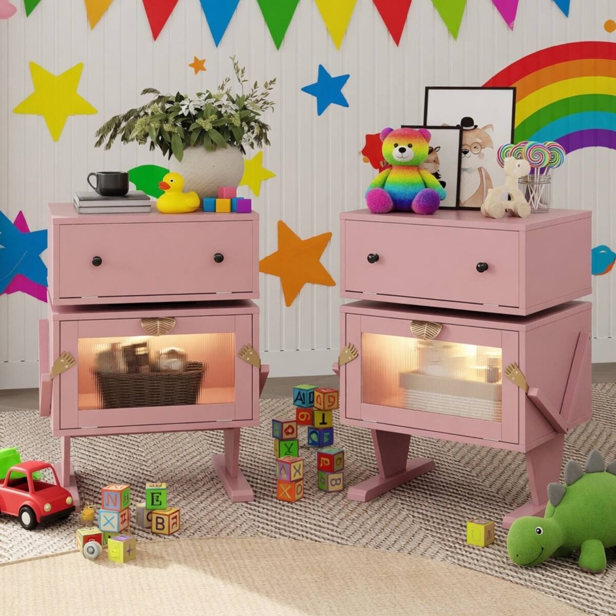 Angle. Loheer - Loheer Pink Robot LED Nightstand with 360 Degree Rotating Drawer, 20.7 Inch Wide - Pink.