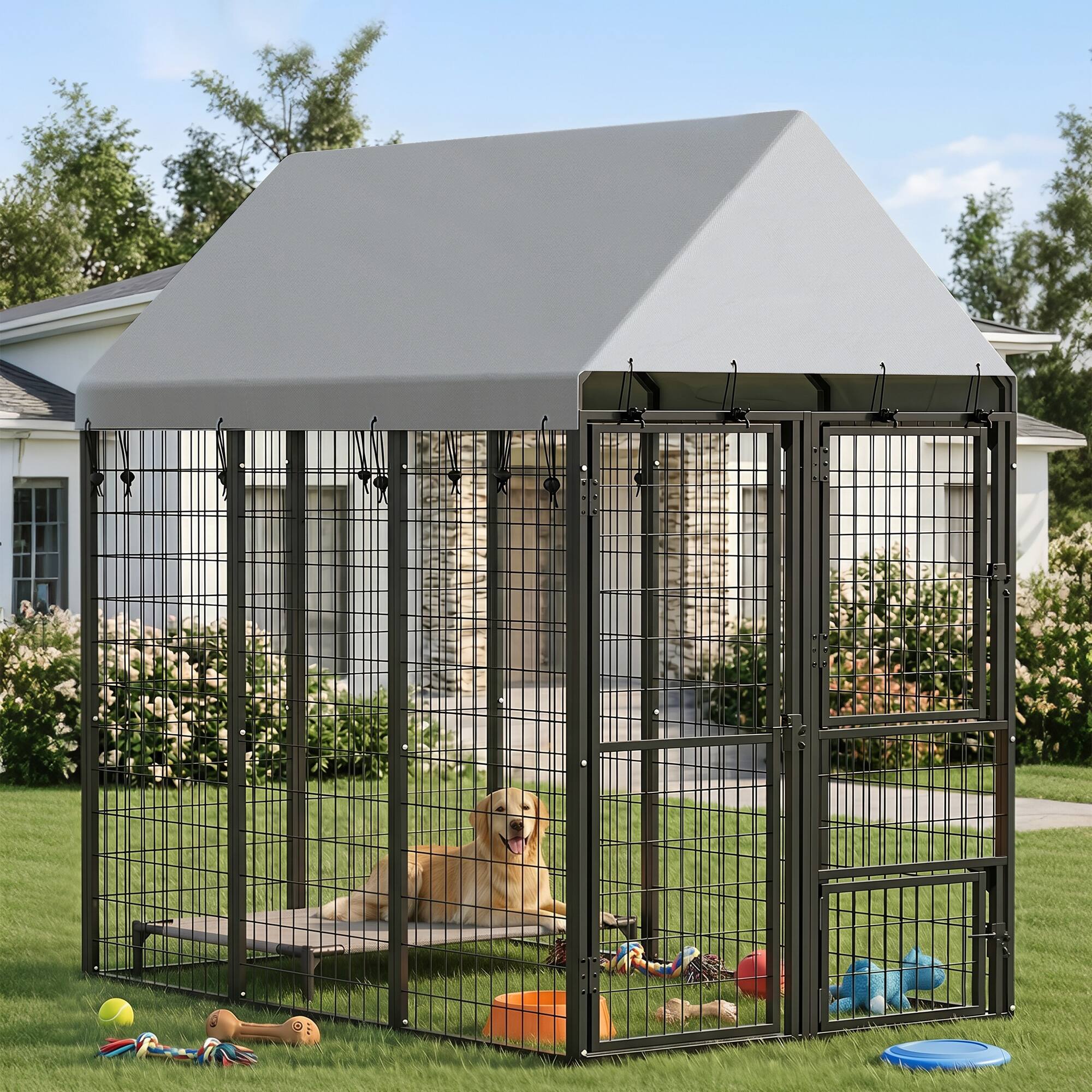 Alt View 1. Pawhut - Dog Kennel Outdoor with Roof, 3 Doors, Expandable Heavy Duty Dog Kennel Dog Run for All Breed Sizes - Black.