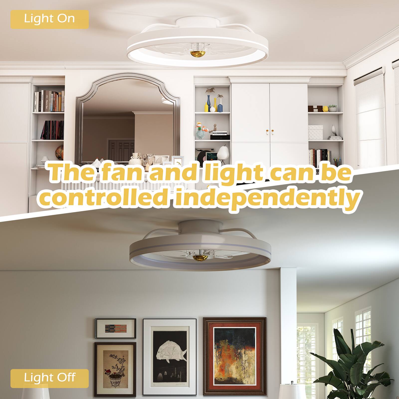 The fan and light can be controlled independently.

Light On

Light Off