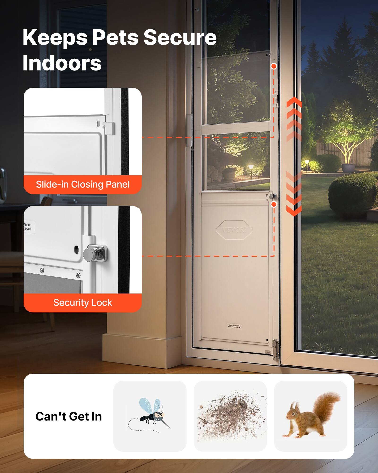 Keeps Pets Secure Indoors

Slide-in Closing Panel

Security Lock

Can't Get In