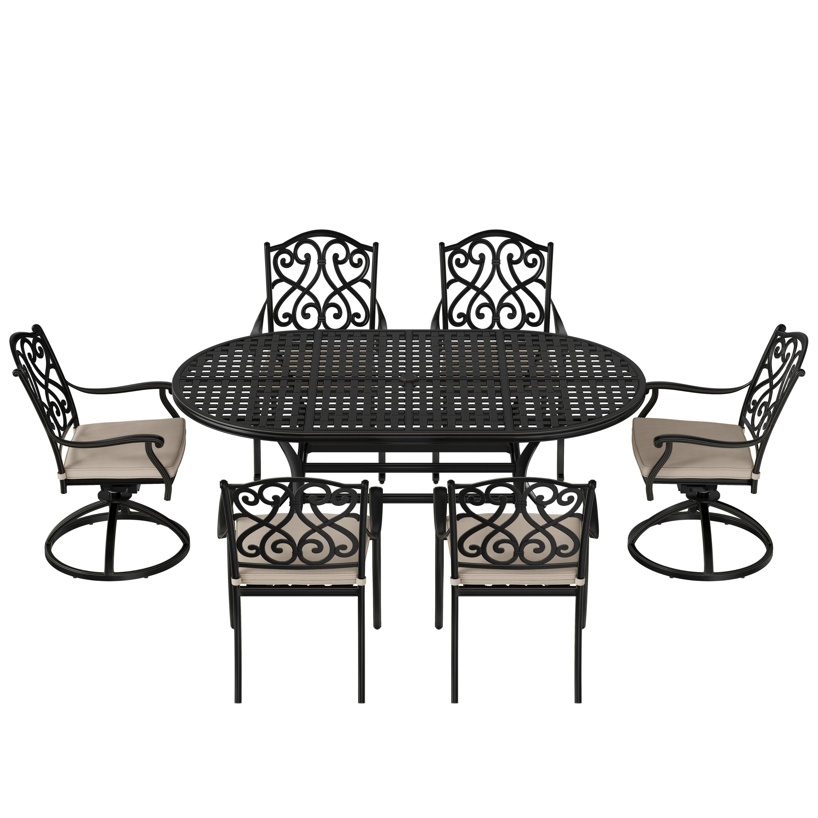 Back. Mondawe - 6 Person Elliptical Outdoor Dining Set with Cushions - Black+Beige.