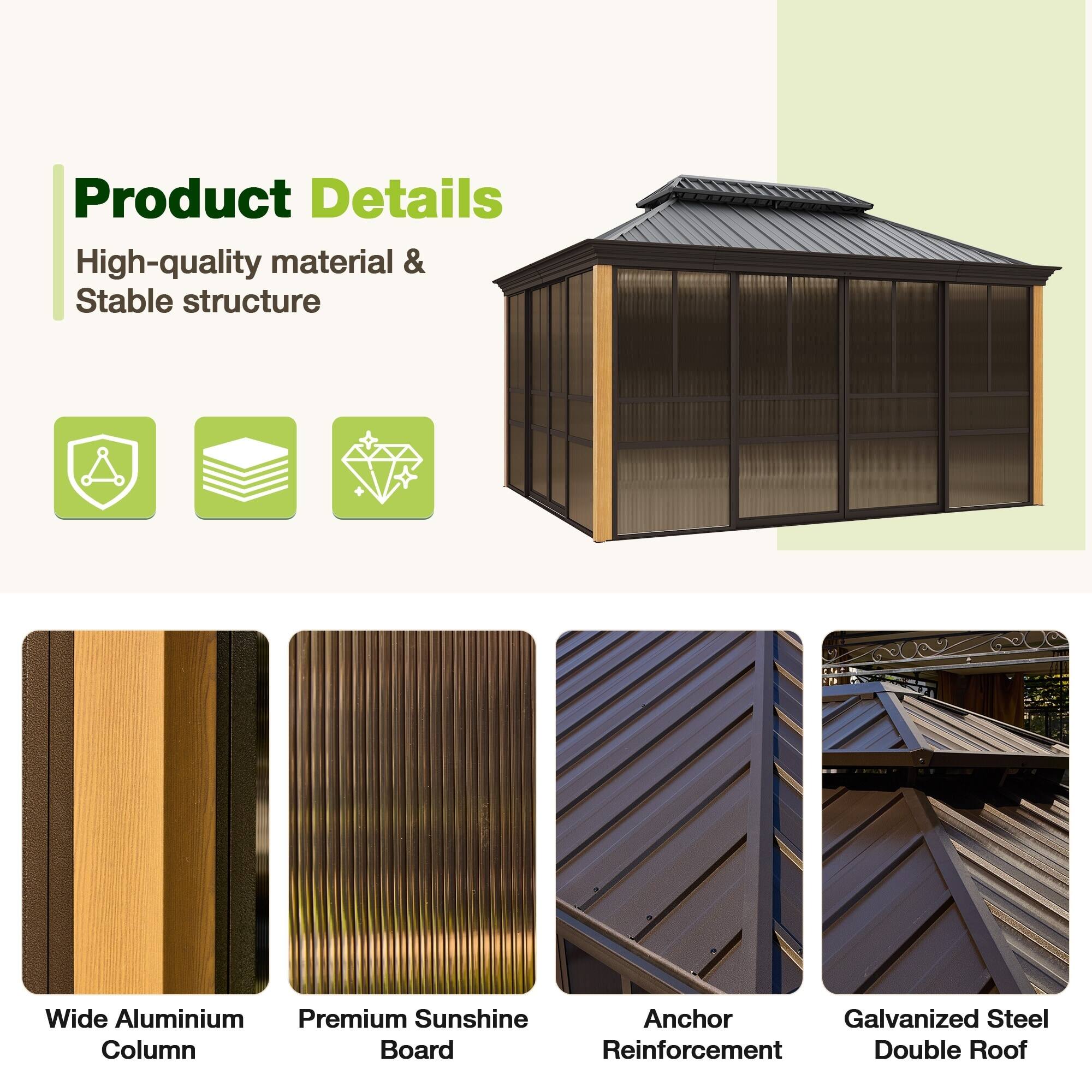 Product Details  
High-quality material & Stable structure  

- Wide Aluminium Column  
- Premium Sunshine Board  
- Anchor Reinforcement  
- Galvanized Steel Double Roof