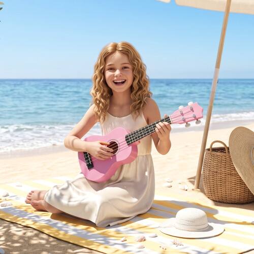 Alt View 2. Winado - 21" Basswood 4-String Soprano Ukulele Kit  Includes Gig Bag, Strap, Picks, Strings and Cleaning Cloth - Pink.