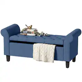 Homcom - Storage Ottoman Bench, Tufted End of Bed Bench with Rolled Arms, Safety Hinge - Blue