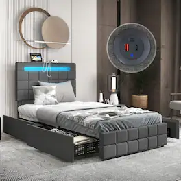 Gymax - Twin Upholstered Platform Bed with LED Headboard Charging Station Storage Drawer - Gray
