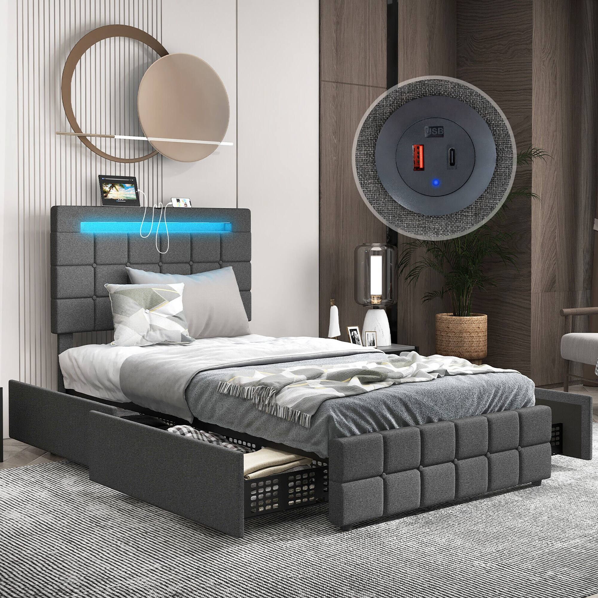 Front. Gymax - Gymax Twin Upholstered Platform Bed with LED Headboard Charging Station Storage Drawer - Gray.