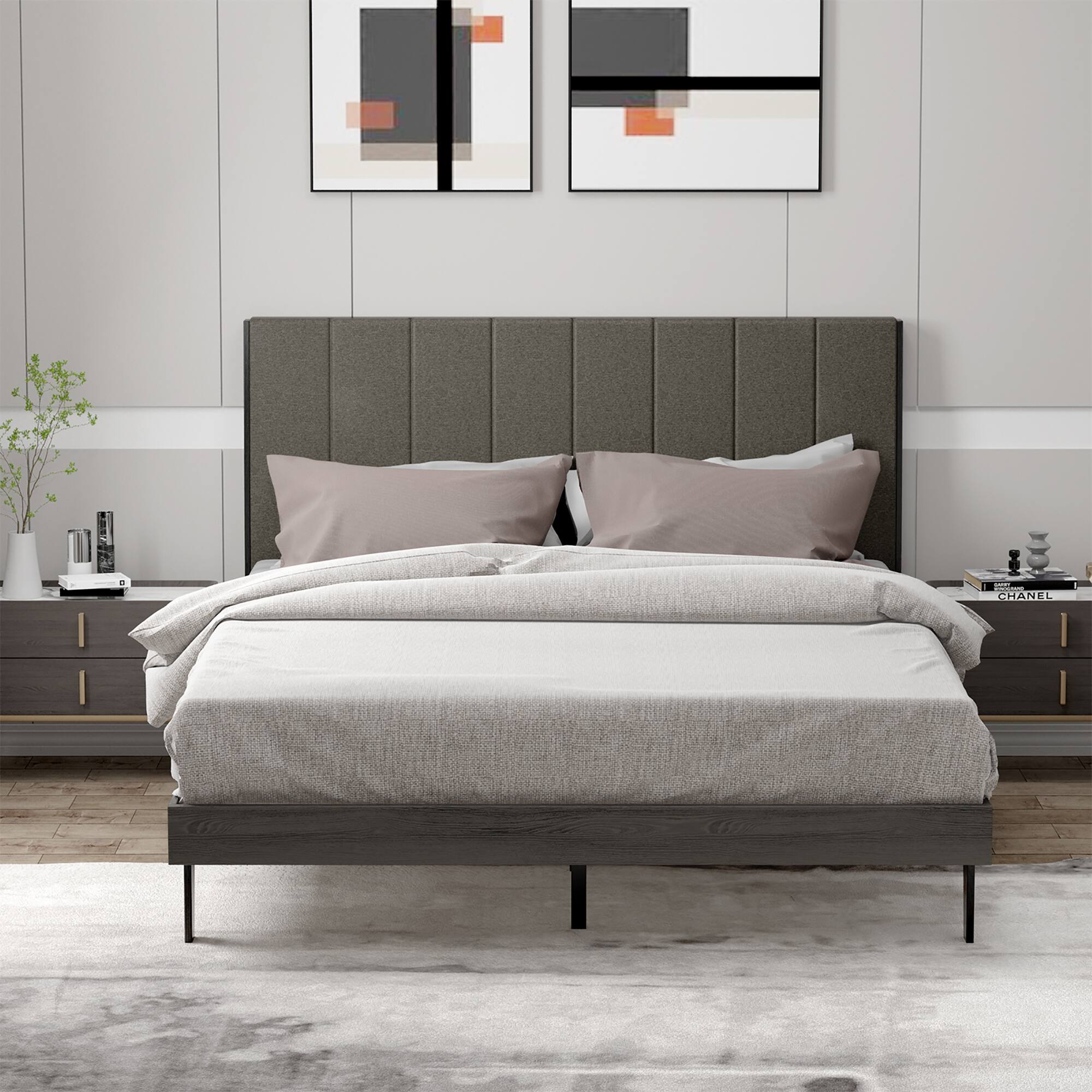 Alt View 2. Costway - Costway Upholstered Tufted Bed Wood Platform Mattress Foundation Headboard Queen - Grey.