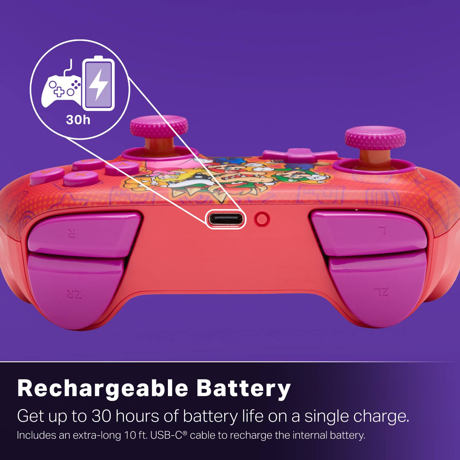 Rechargeable Battery

Get up to 30 hours of battery life on a single charge.
Includes an extra-long 10 ft. USB-C® cable to recharge the internal battery.