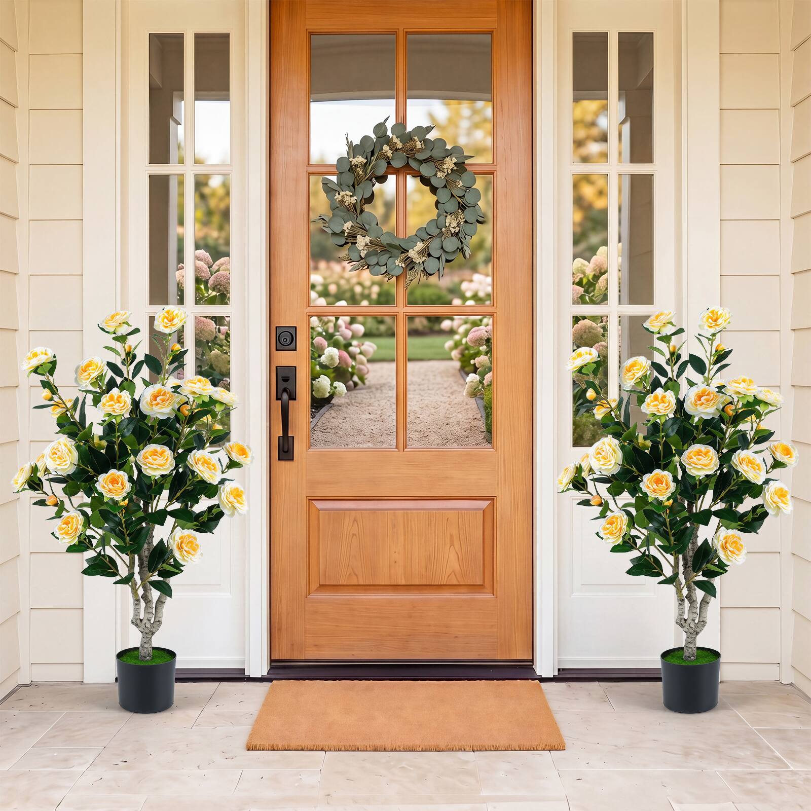 Alt View 1. Costway - Costway 2PCS 39.5" Artificial Camellia Tree Faux Flower Plant Tree in Cement-Filled Pot - Yellow.