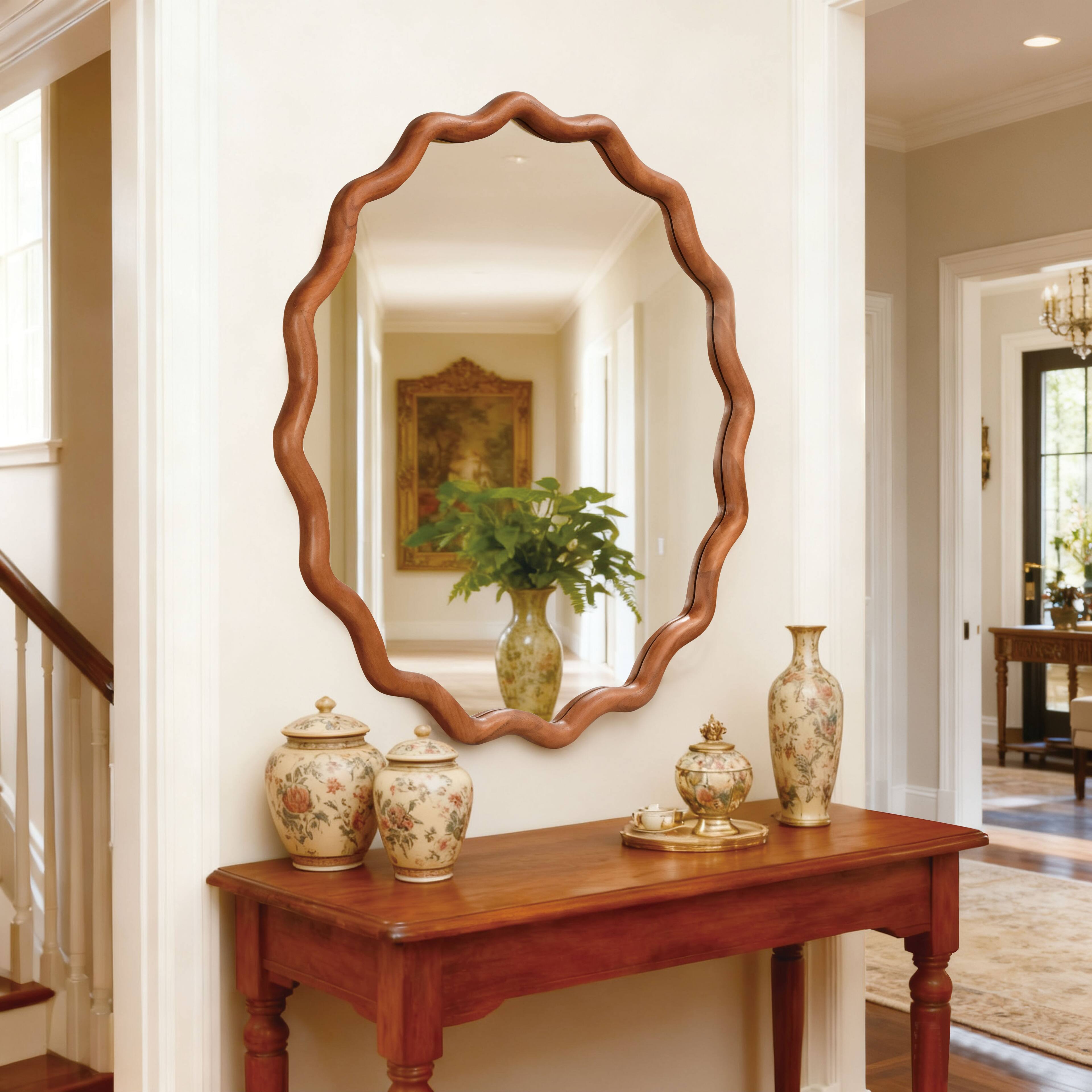 Left. Z-Edge - Round Wavy Wall Mirror, 30" Circle Boho Scalloped Mirror for Bedroom, Bathroom, Living Room, Entryway - Brown.