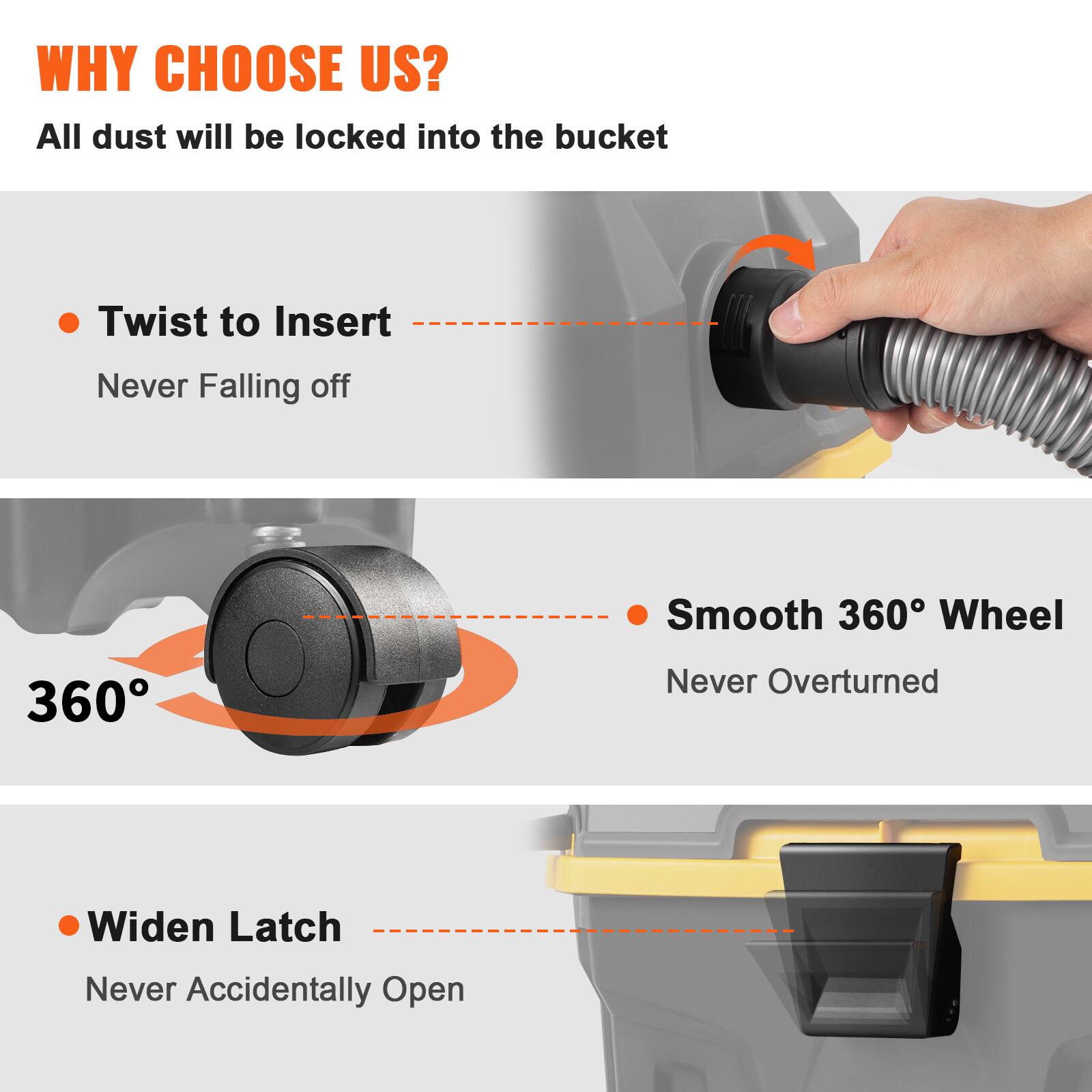 WHY CHOOSE US?  
All dust will be locked into the bucket

- Twist to Insert  
  Never Falling off

- Smooth 360° Wheel  
  Never Overturned

- Widen Latch  
  Never Accidentally Open