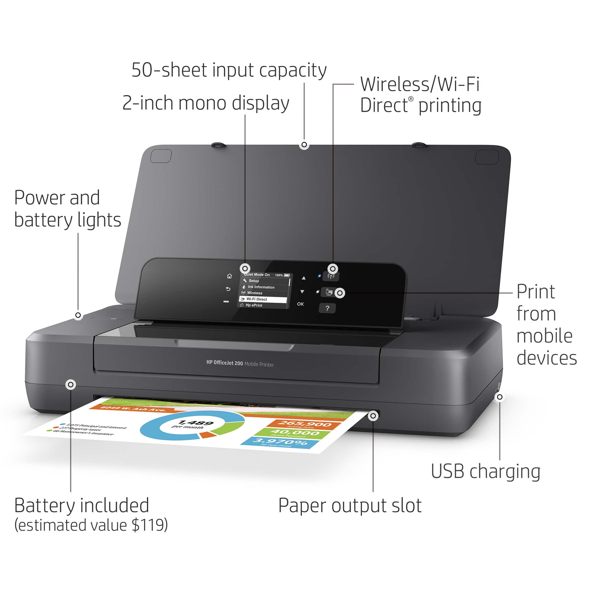 50-sheet input capacity, 2-inch mono display, Wireless/Wi-Fi Direct printing, Power and battery lights, Print from mobile devices, Battery included (estimated value $119), USB charging, Paper output slot