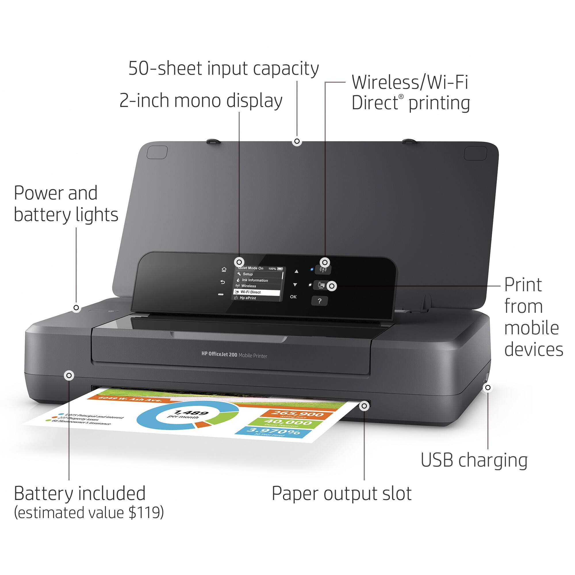 50-sheet input capacity, 2-inch mono display, Wireless/Wi-Fi Direct printing, Power and battery lights, Print from mobile devices, Battery included (estimated value $119), USB charging, Paper output slot