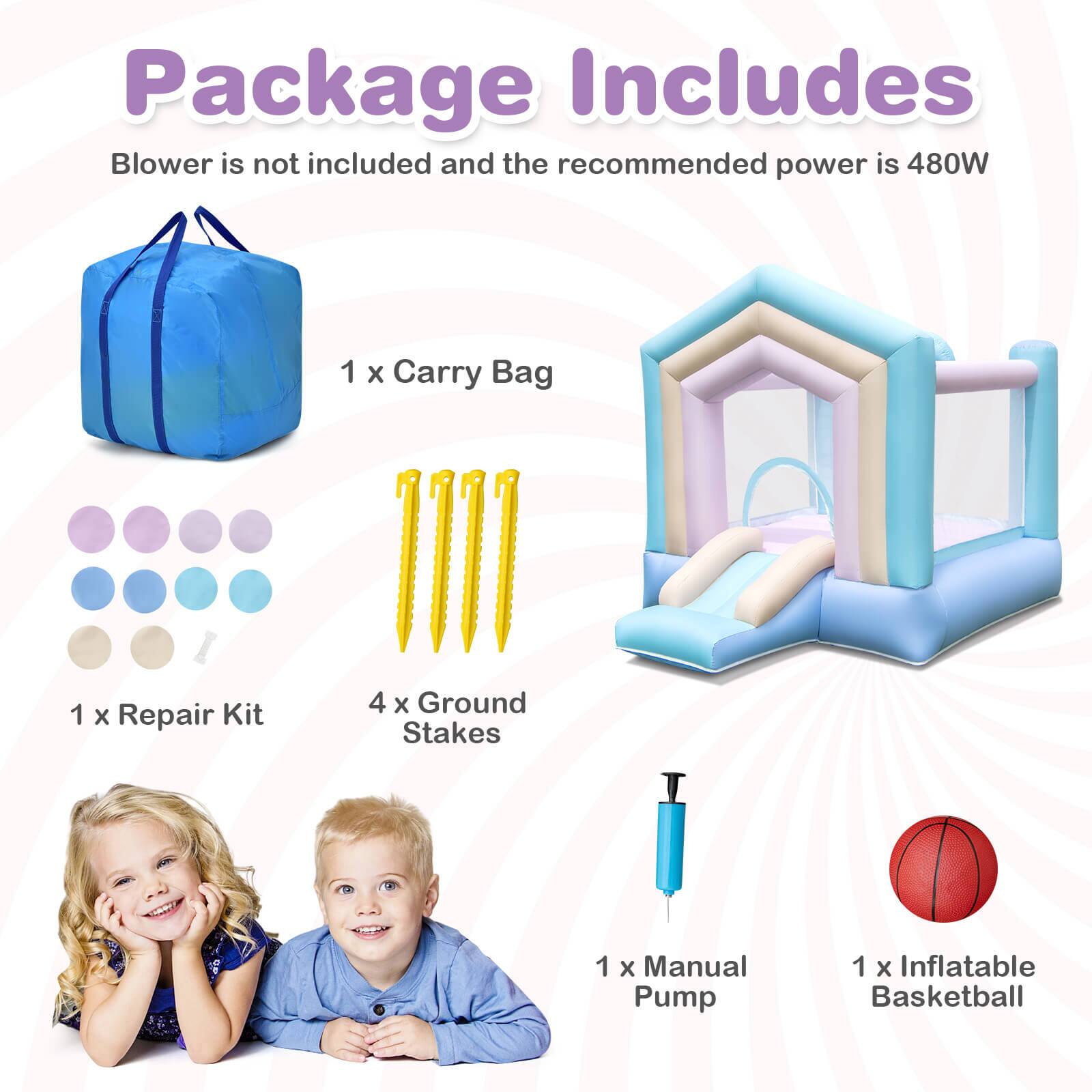 Package Includes: Blower is not included and the recommended power is 480W. 1 x Carry Bag, 1 x Repair Kit, 4 x Ground Stakes, 1 x Manual Pump, 1 x Inflatable Basketball.