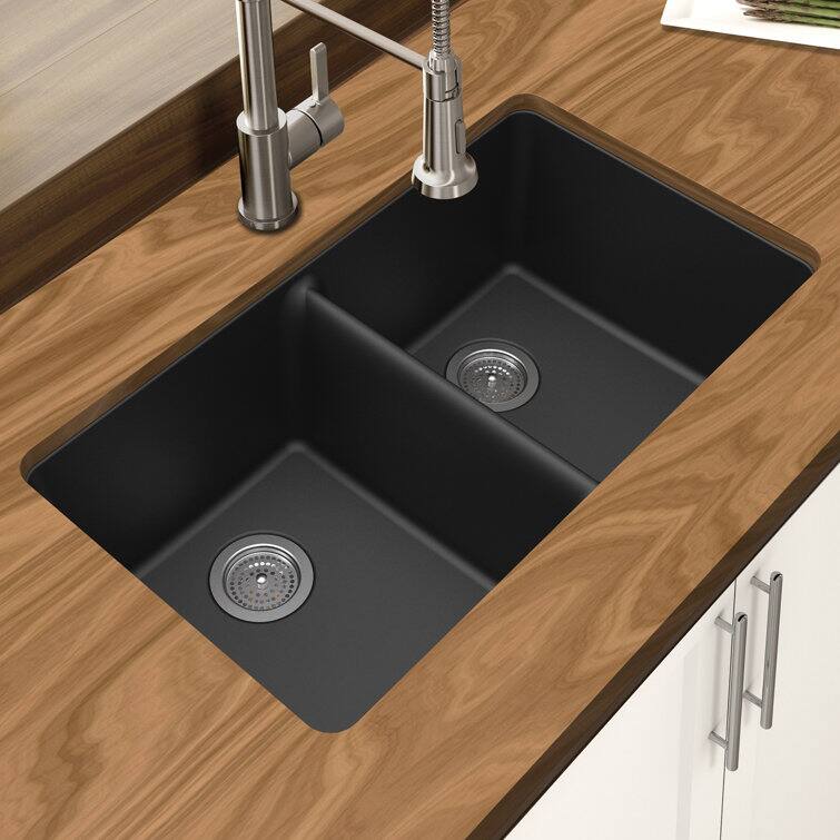 Angle. Winpro - Winpro Undermount Granite Composite 33 in. x 18-3/4 in. x 9-1/2 in. Double Equal Bowl Kitchen Sink in Black - Black.