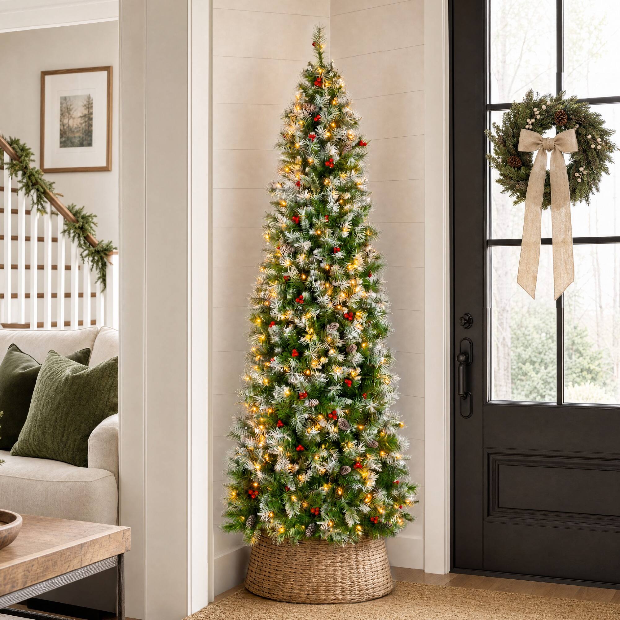 Alt View 6. Best Choice Products - Best Choice Products 9ft Pencil Christmas Tree Pre-Lit w/ Viral Twinkling Lights, PreDecorated Artificial Frosted Pine - Green.