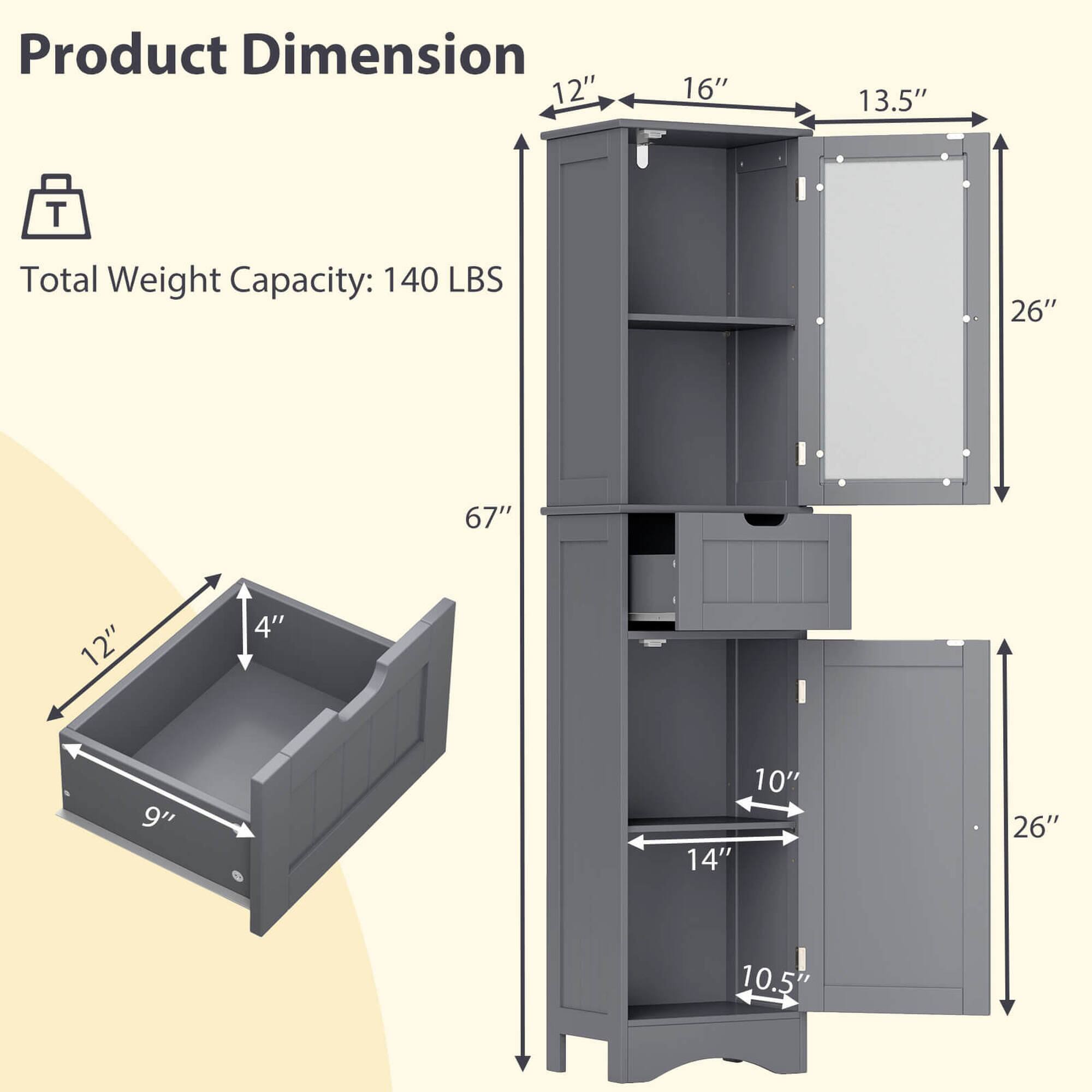 Product Dimension: 12", 16", 13.5", 26", 67"

Total Weight Capacity: 140 LBS

12", 4", 9", 10", 14", 26", 10.5"