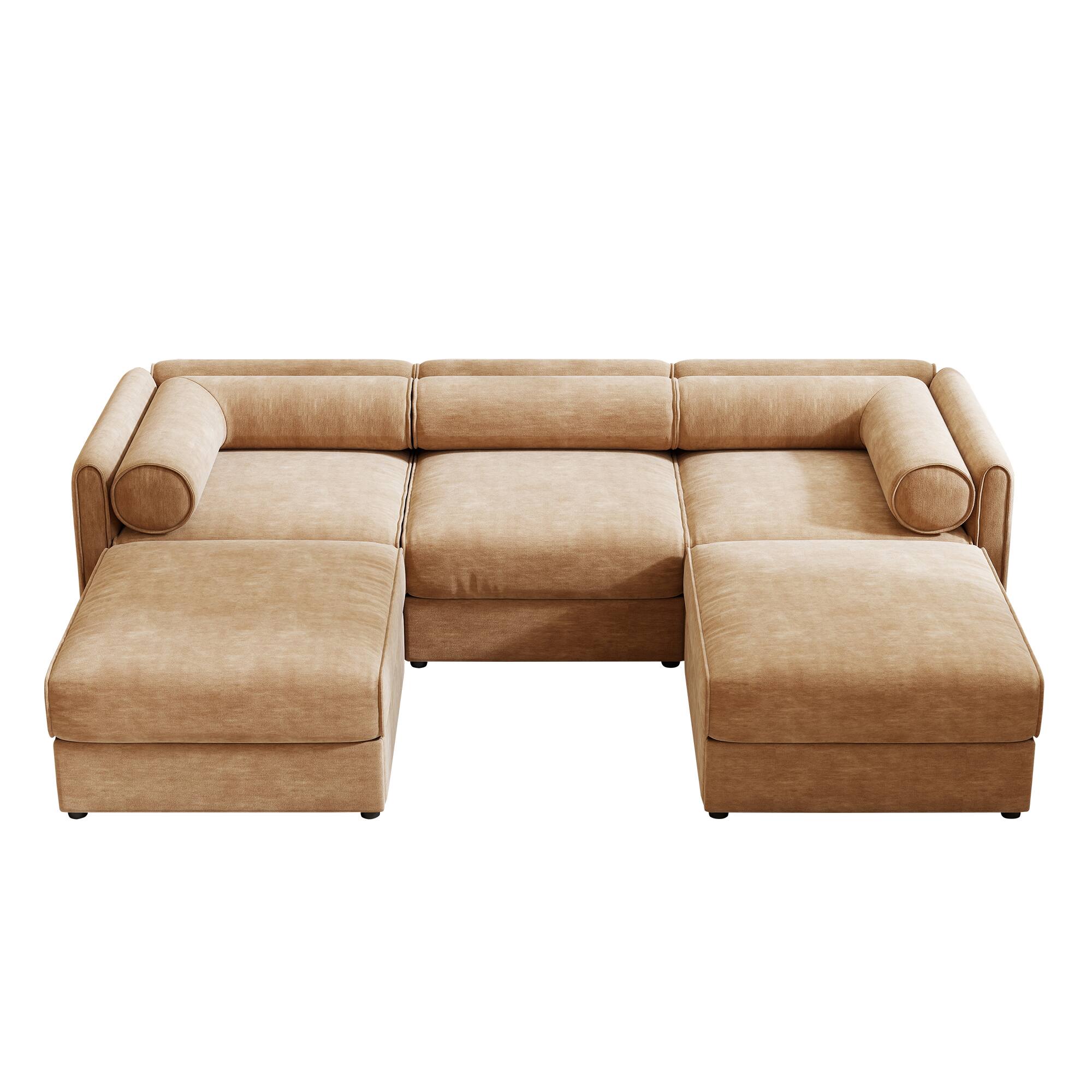 Alt View 9. LOVMOR - 3 Seater Chenille Couch U Shaped Storage Ottoman Cylindrical Support For Living Room Den Plush Cozy Home TV XL - Camel.