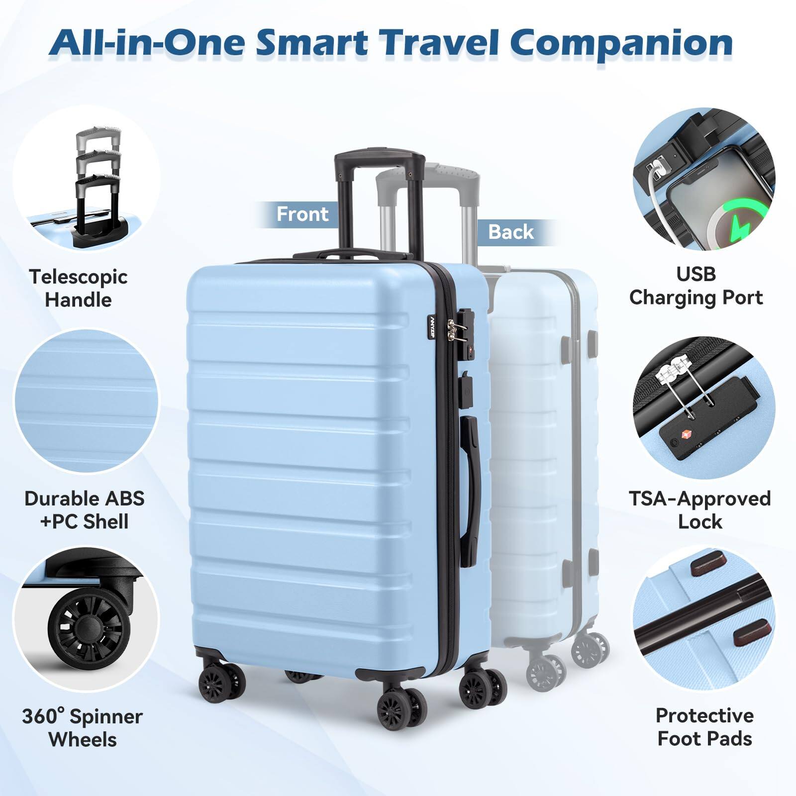 All-in-One Smart Travel Companion

- Telescopic Handle
- Front
- Back
- Durable ABS + PC Shell
- 360° Spinner Wheels
- USB Charging Port
- TSA-Approved Lock
- Protective Foot Pads