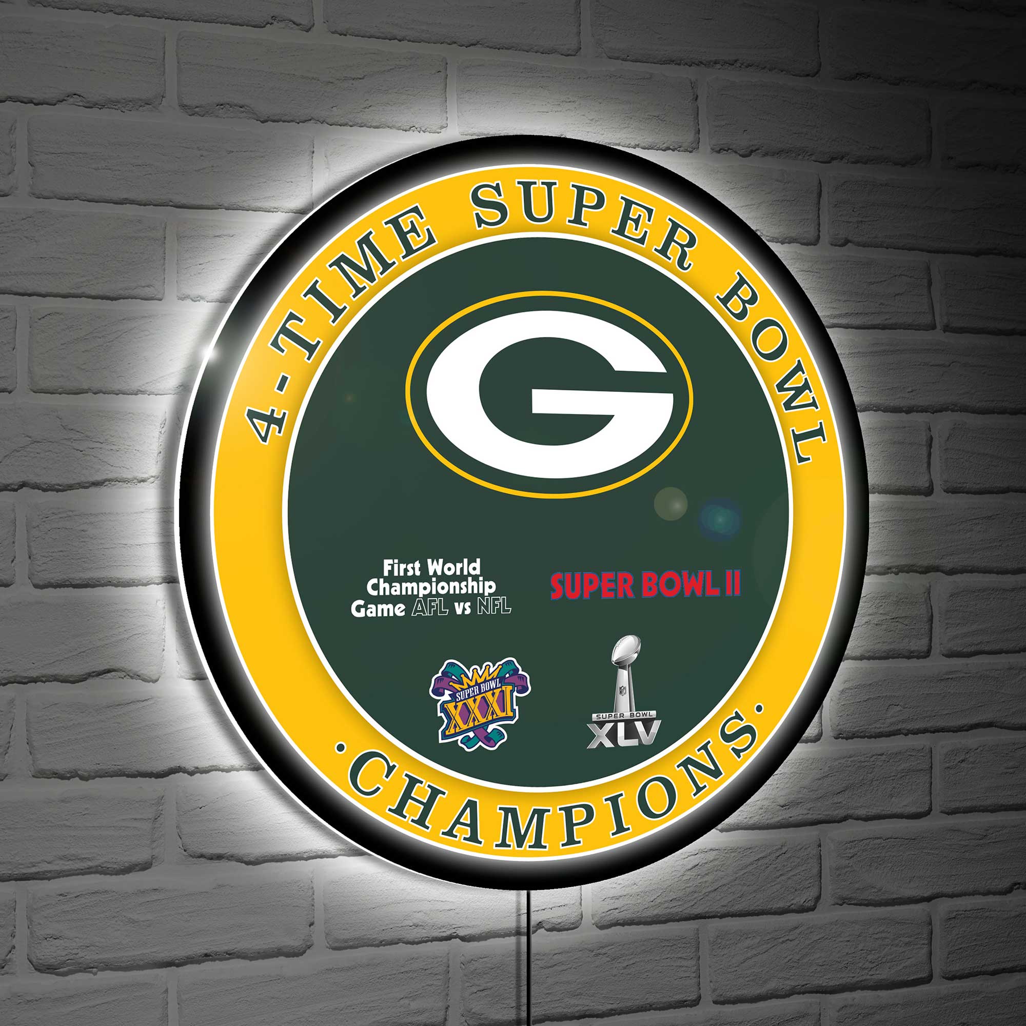 Green Bay Packers Four-Time Super Bowl Champions XL Round LED Wall Sign