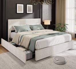Qeetex - Full Size Upholstered Platform Bed Frame with 4 Storage Drawers - Corduroy Tufted Wingback Headboard Wood Slat Support - As Shown