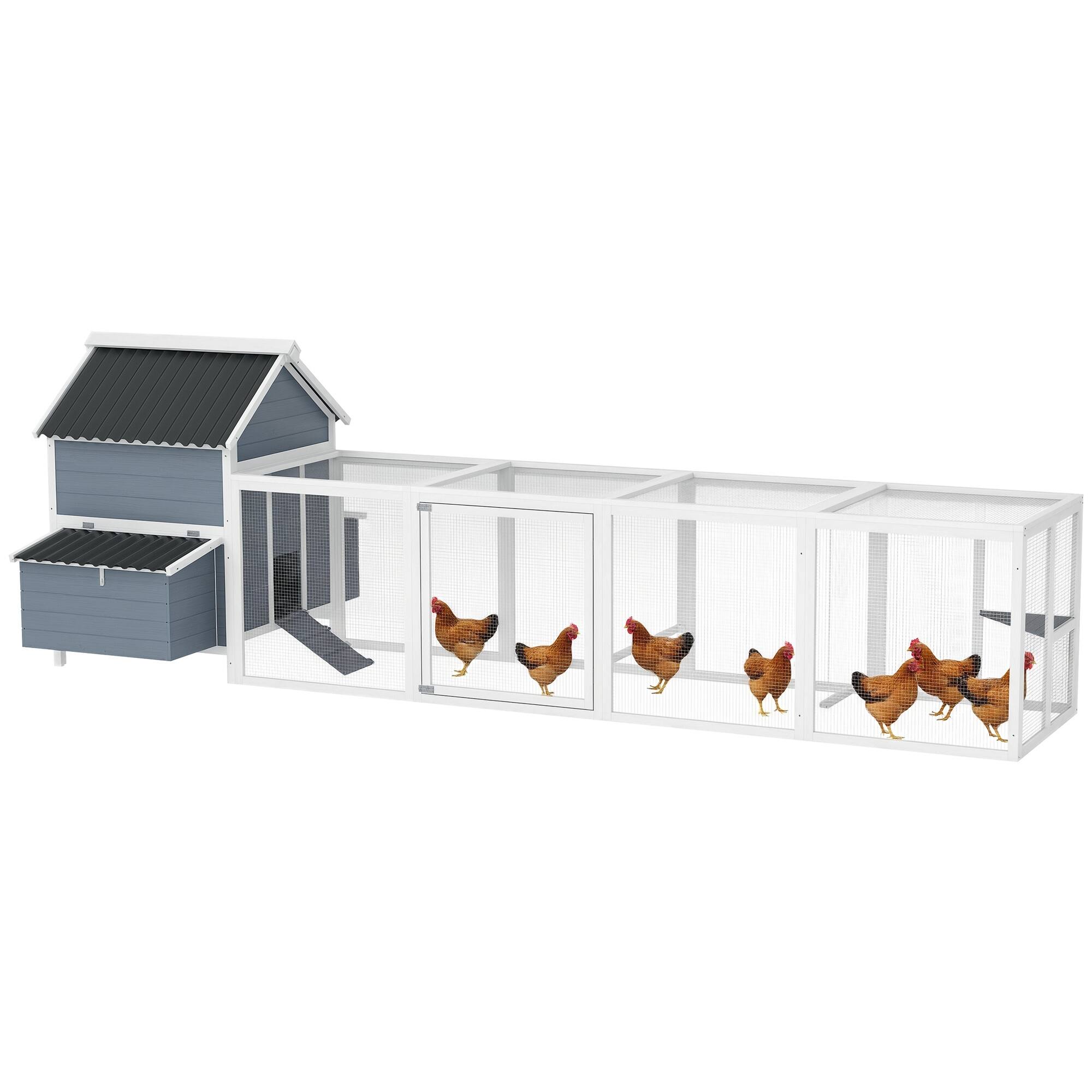 Pawhut - 156" Extra Large Light Gray Wooden Chicken Coop, Poultry Cage with 2 Nesting Boxes, Extra Long Run, Waterproof Wave Roof