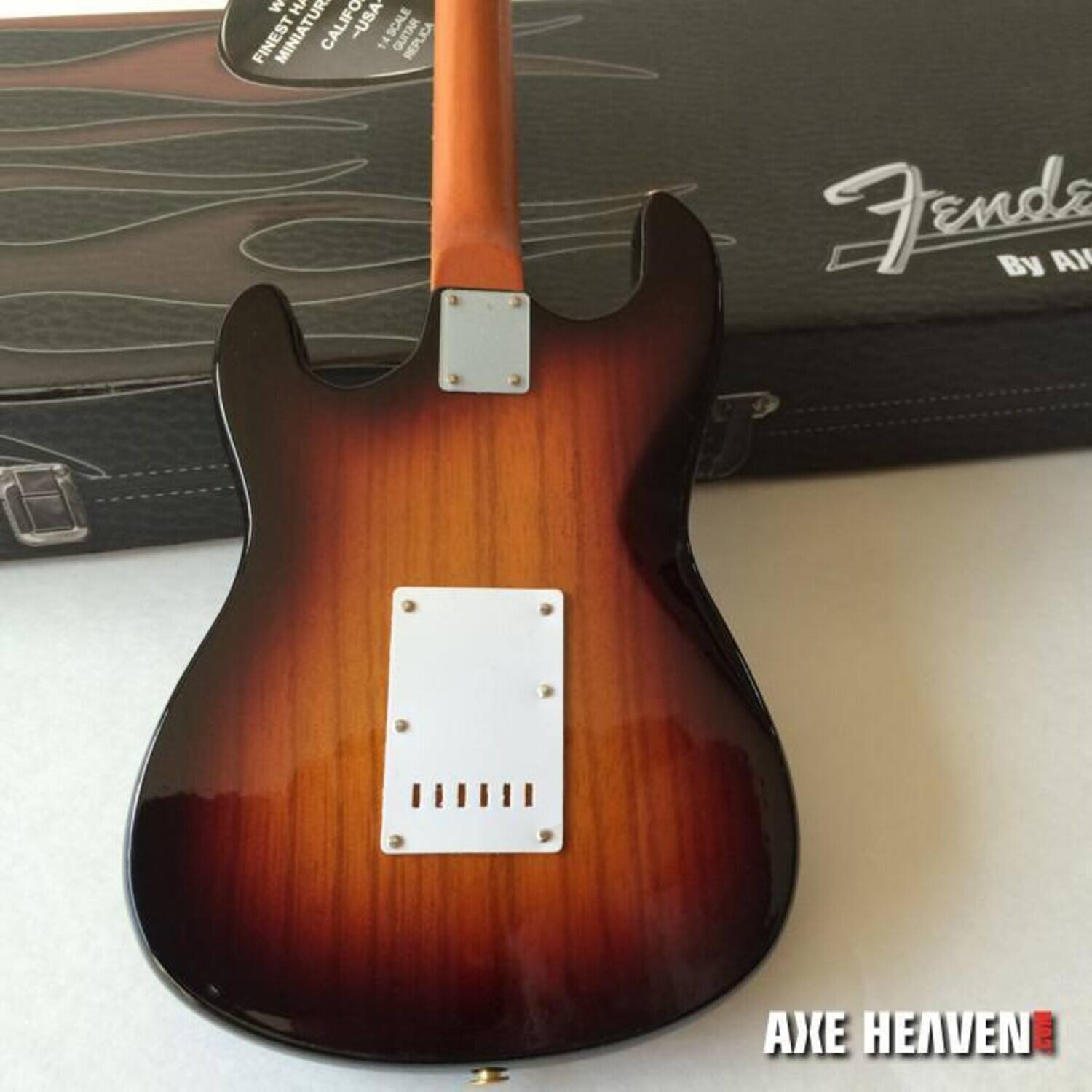 The text on the image should be grouped and corrected as follows:

"MATUR FINEST MINIATUR CALIFORNIA-USA 1/4 SCALE GUITAR Fender By AXE HEAVEN"