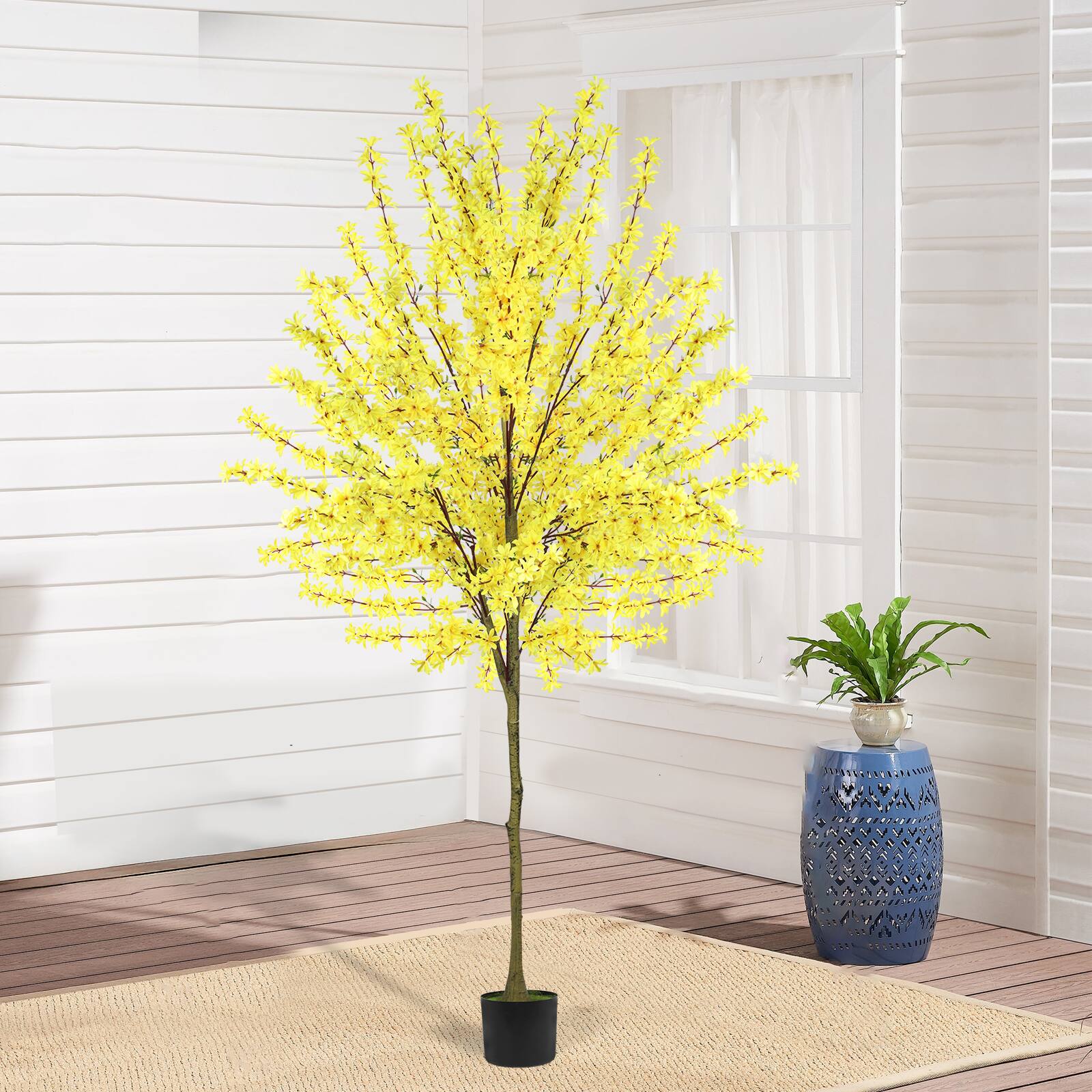 Angle. Oumilen - 6ft Artificial Yellow Forsythia Tree in Black Pot - Yellow.