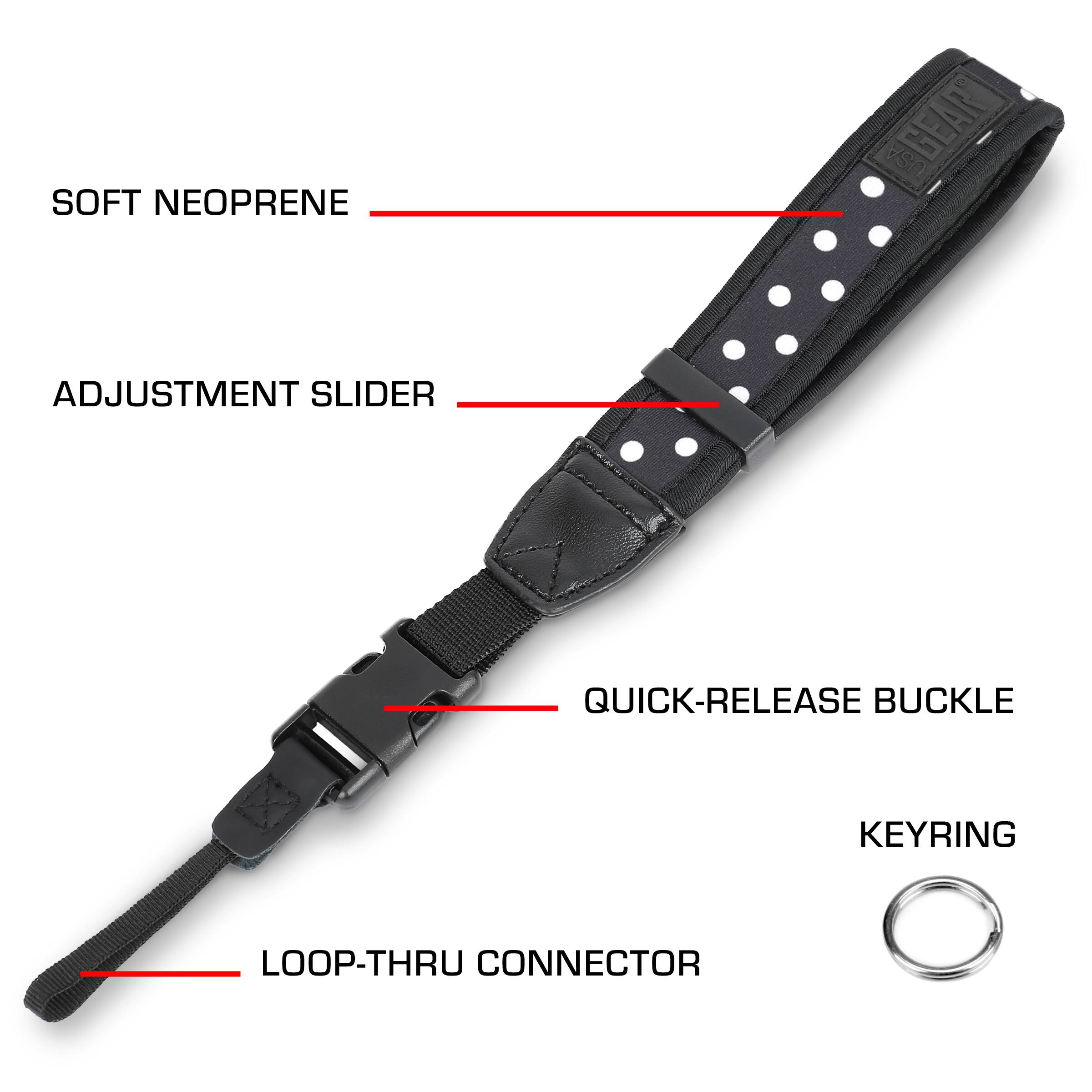 SOFT NEOPRENE  
ADJUSTMENT SLIDER  
QUICK-RELEASE BUCKLE  
LOOP-THRU CONNECTOR  
KEYRING
