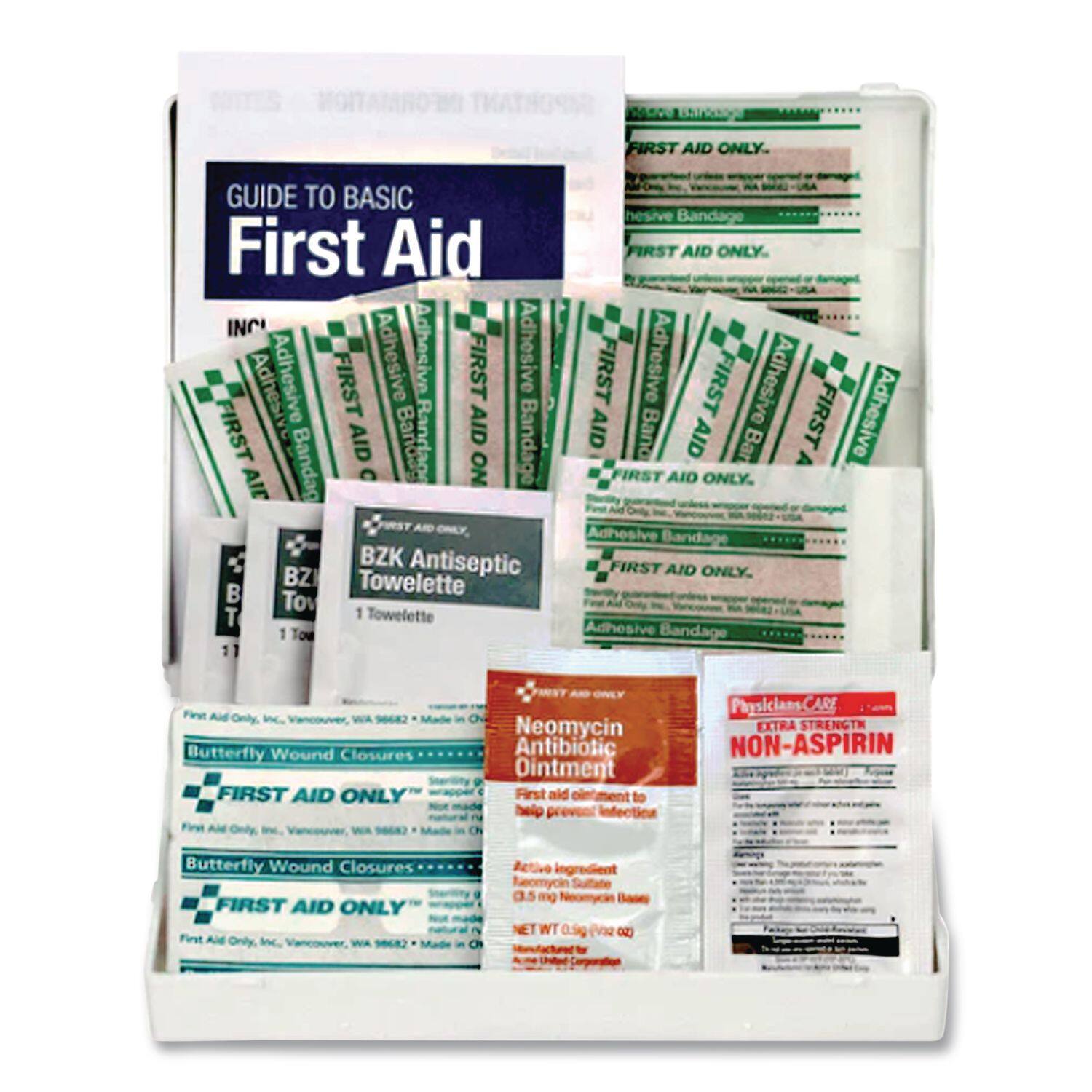 GUIDE TO BASIC First Aid

INC Adhesive FIRST Adhesive Adhesive FIRST Adhesive FIRST AID Bandage

BZK Antiseptic Towlette

Neomycin Antibiotic Ointment

Physicians CARE EXTRA STRENGTH NON-ASPIRIN

Butterfly Wound Closures

FIRST AID ONLY

Active ingredient: Neomycin 0.5 mg

NET WT 0.9g