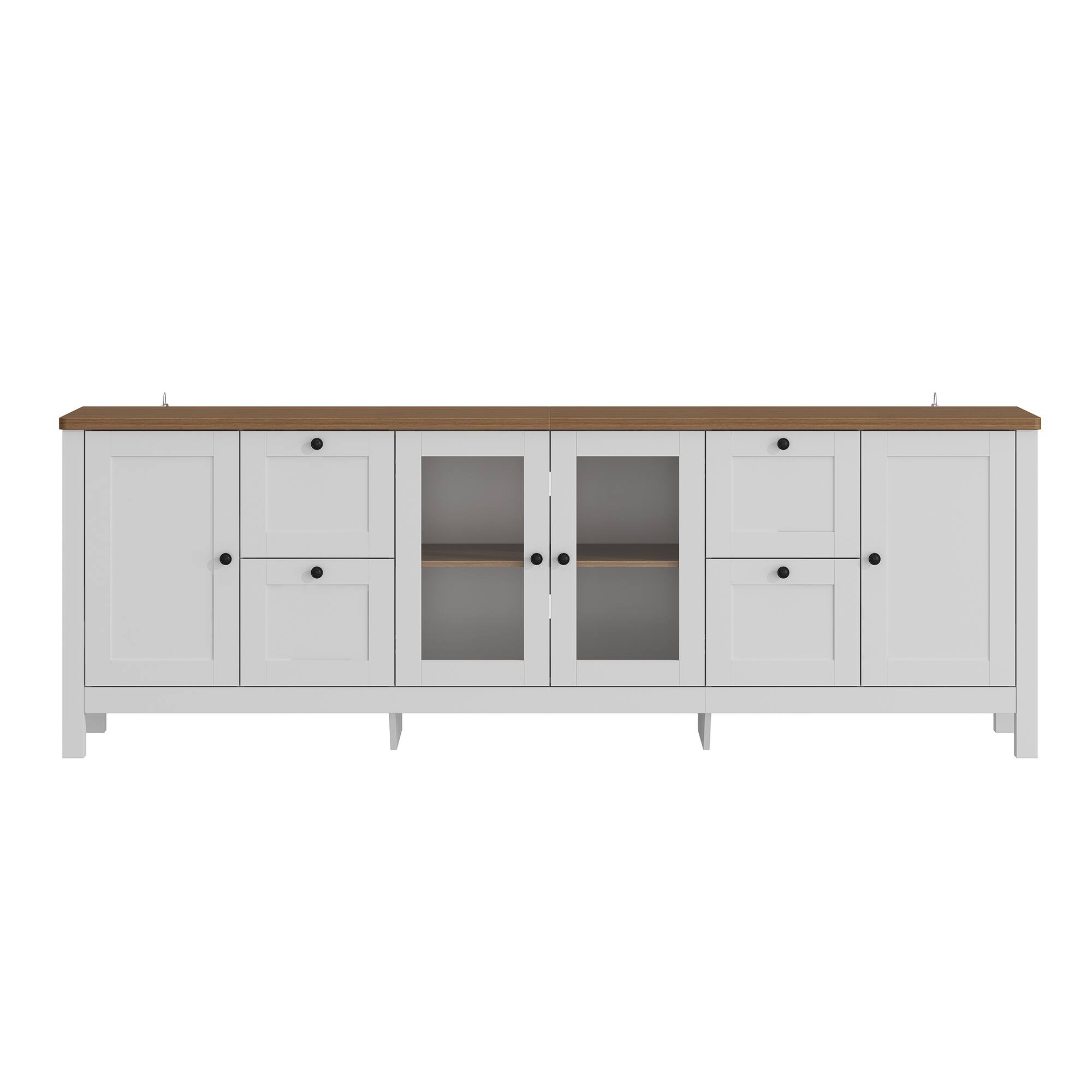Alt View 10. Famapy - 90.6" Farmhouse TV Stand for 85 Inch TV, Glass Doors, Adjustable Shelves, 10-Compartment Storage - White & Wooden.