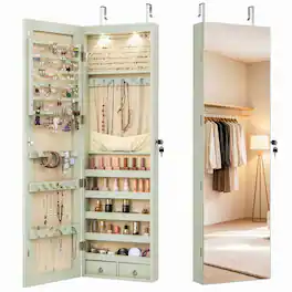 Costway - Mirrored Wall & Door Mounted Jewelry Cabinet Storage Organizer with Lights&Drawer - Green