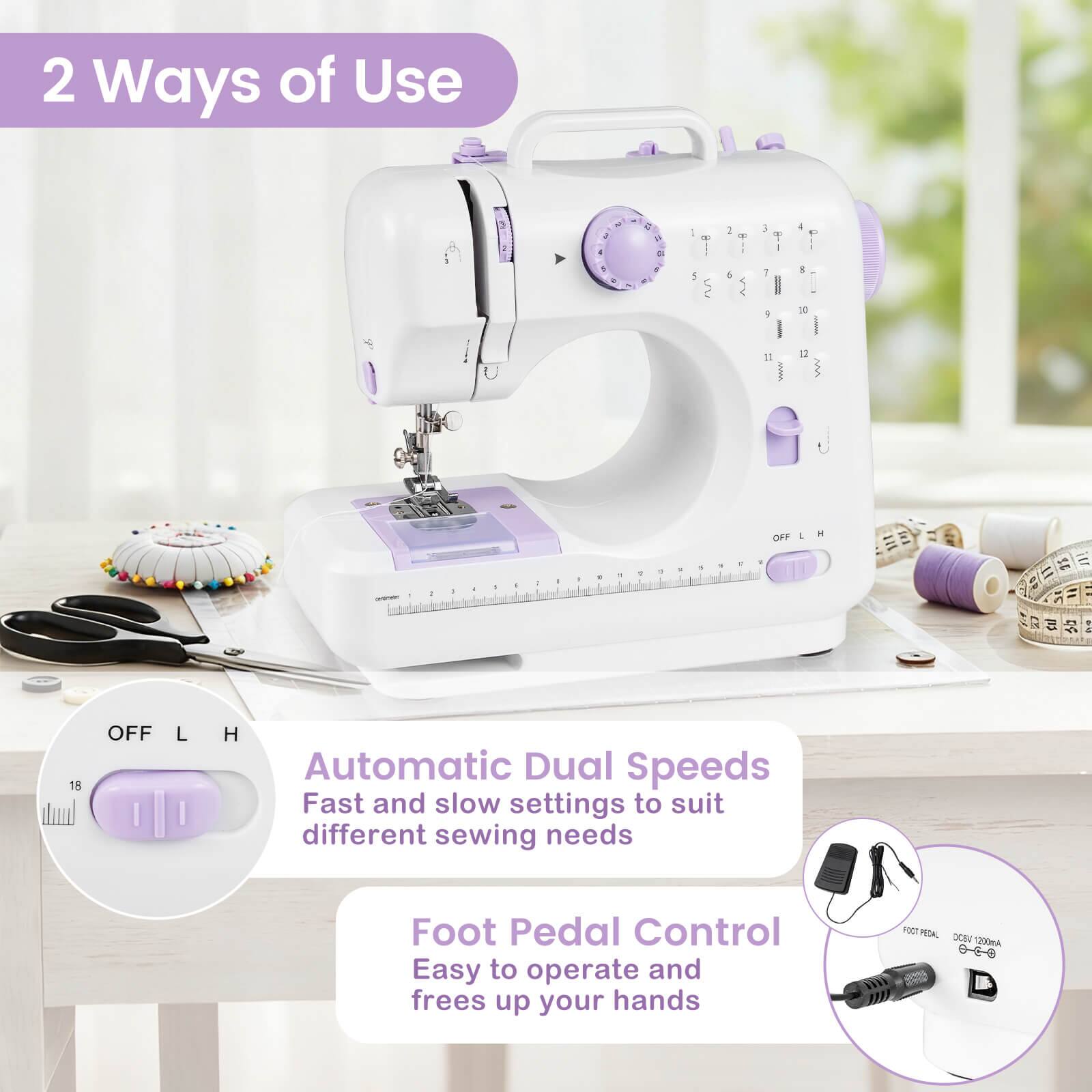 2 Ways of Use

Automatic Dual Speeds
Fast and slow settings to suit different sewing needs

Foot Pedal Control
Easy to operate and frees up your hands

OFF L H

1200mA

6-6-9