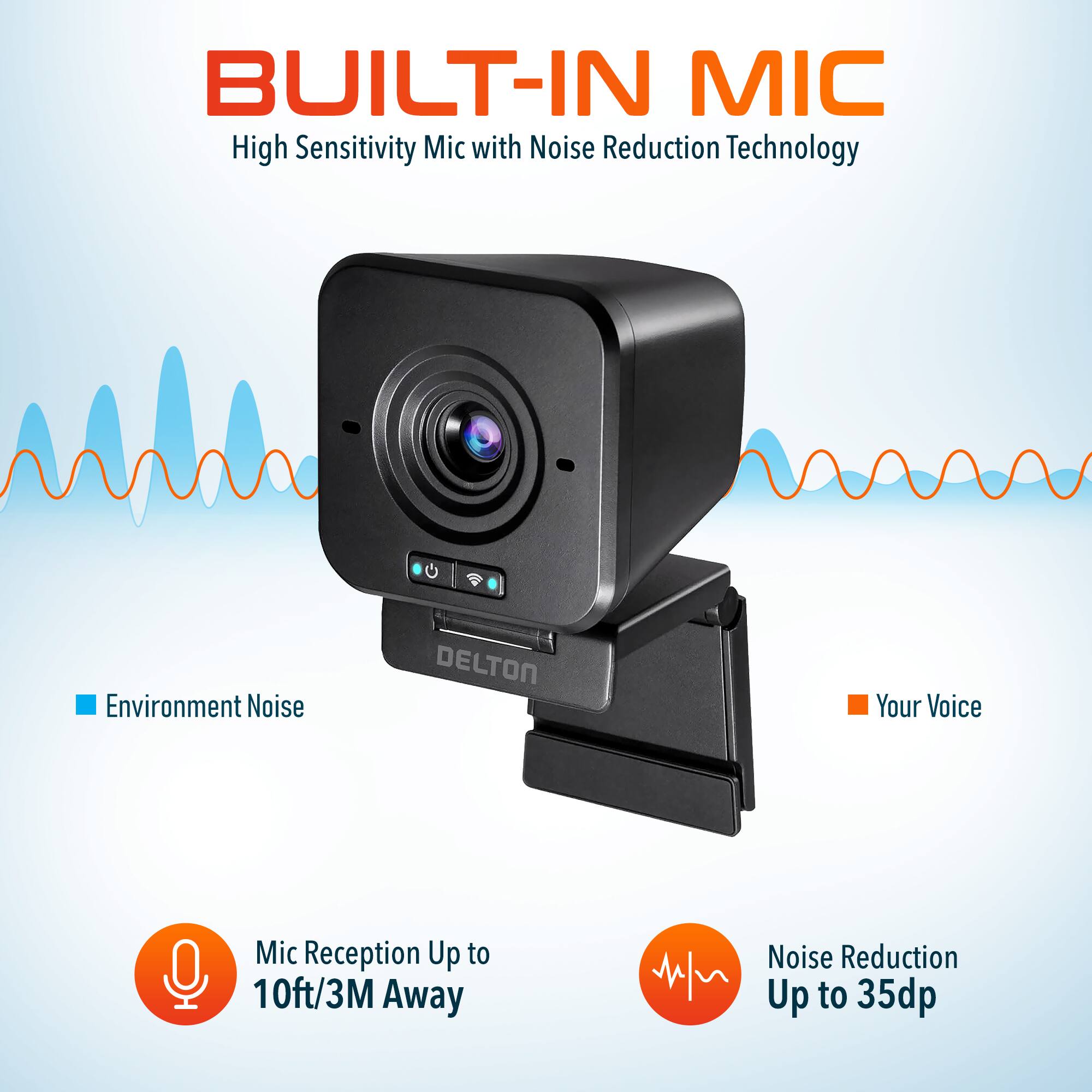 BUILT-IN MIC, High Sensitivity Mic with Noise Reduction Technology, Environment Noise, DELTON, Your Voice, Mic Reception Up to 10ft/3M Away, Noise Reduction Up to 35dp
