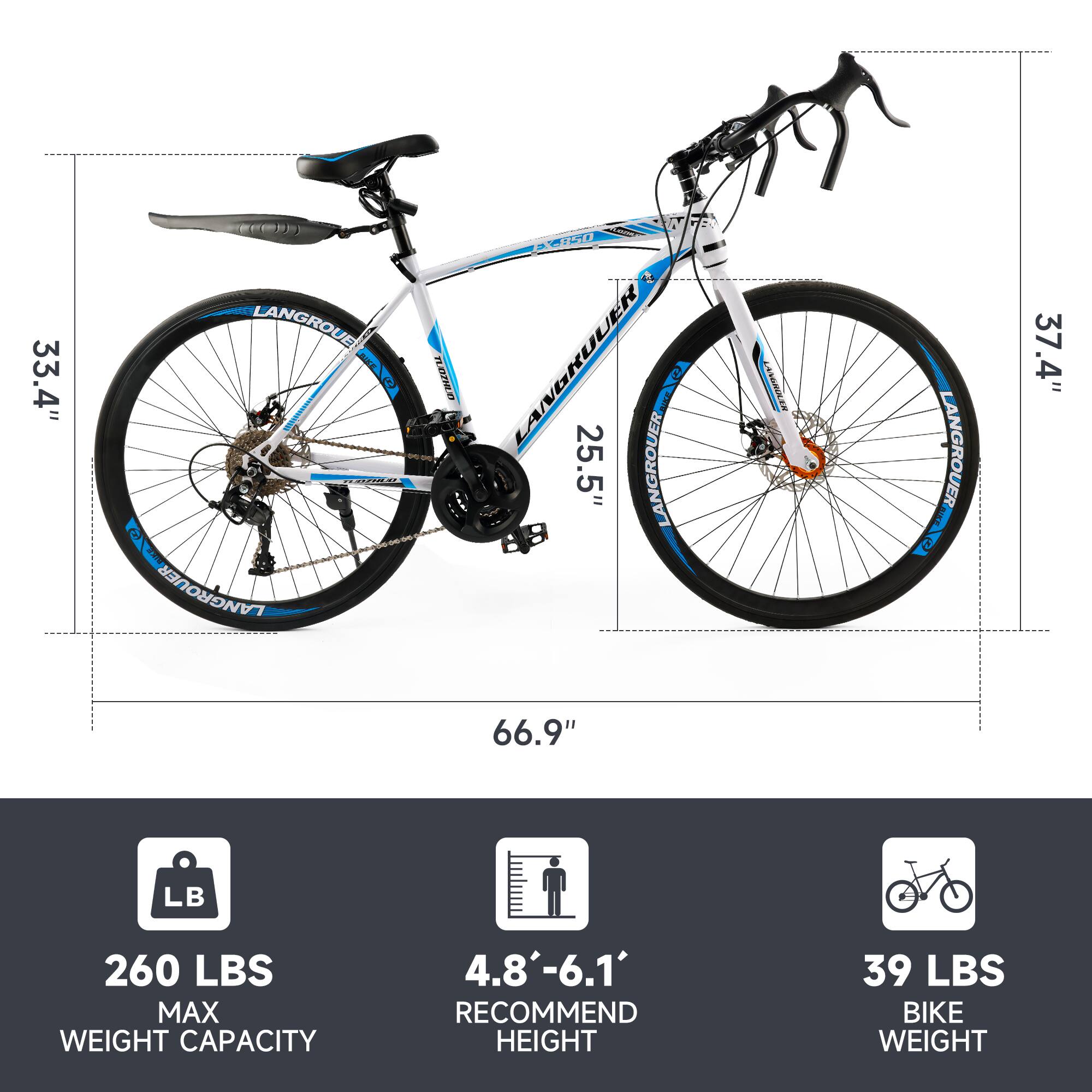 33.4" LANGROUE TPO & 2 NENV RANED OILO LANG LANGRUUER G 25.5" LANGROUER LASSmICEN LANGROUER ! 37.4 66.9" LB 260 LBS MAX WEIGHT CAPACITY 4.8'-6.1' RECOMMEND HEIGHT 39 LBS BIKE WEIGHT

Corrected:

- 33.4" LANGROUE TPO & 2 NENV RANED OILO LANG LANGRUUER G 25.5" LANGROUER LASSICEN LANGROUER
- 37.4" 66.9" LB 260 LBS MAX WEIGHT CAPACITY
- 4.8'-6.1' RECOMMEND HEIGHT
- 39 LBS BIKE WEIGHT