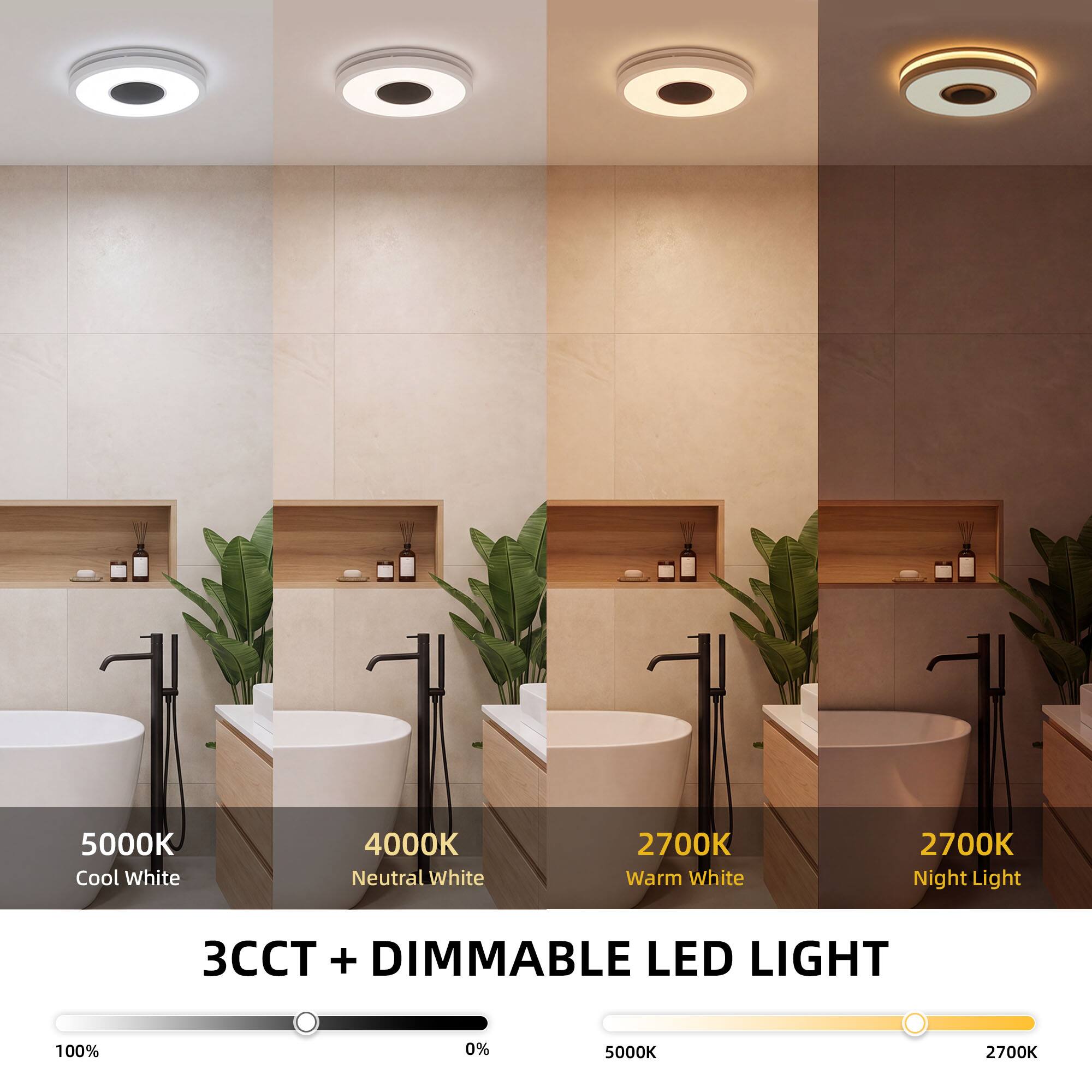 5000K Cool White  
4000K Neutral White  
2700K Warm White  
2700K Night Light  

3CCT + DIMMABLE LED LIGHT  

100%  
0%  

5000K  
2700K