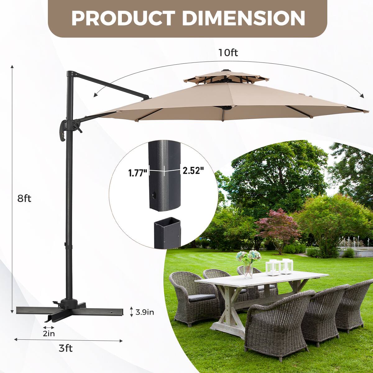 PRODUCT DIMENSION

10ft  
1.77"  
2.52"  
8ft  
3.9in  
2in  
3ft