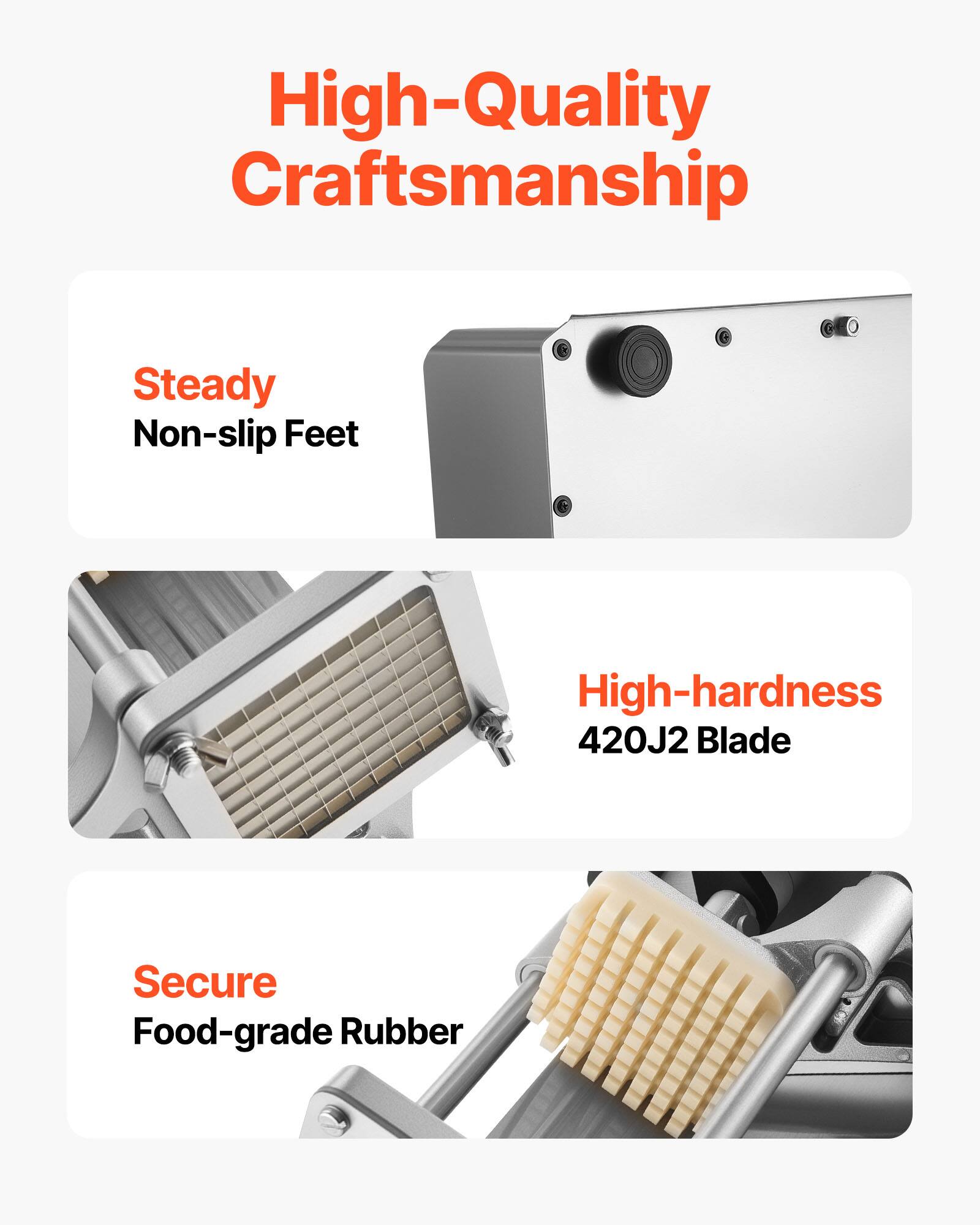 High-Quality Craftsmanship

- Steady Non-slip Feet
- High-hardness 420J2 Blade
- Secure Food-grade Rubber