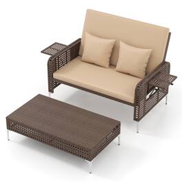 Gymax - 2PCS Wicker Loveseat & Storage Ottoman w/ 4-Level Backrest & Soft Cushion - Beige