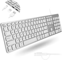 Macally - Wired Keyboard for Mac with USB Hub (2X USB-A / 1x USB-C) - Silver