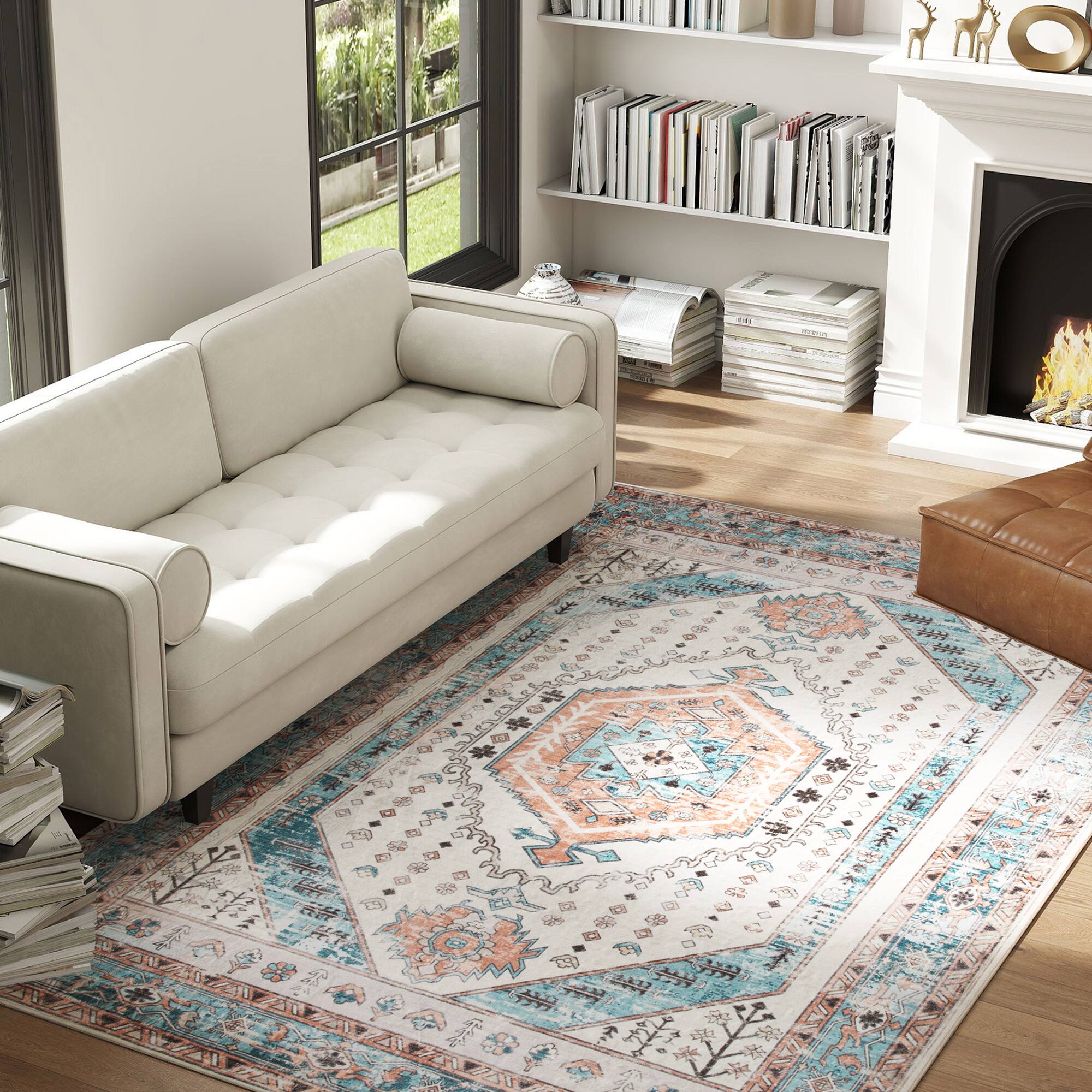 Alt View 2. Homcom - HOMCOM 5x7 Vintage Rug: Mach-Wash Non-Slip Blue Carpet, Indoor Floor Boho Distressed Living Room - Brown and Blue.