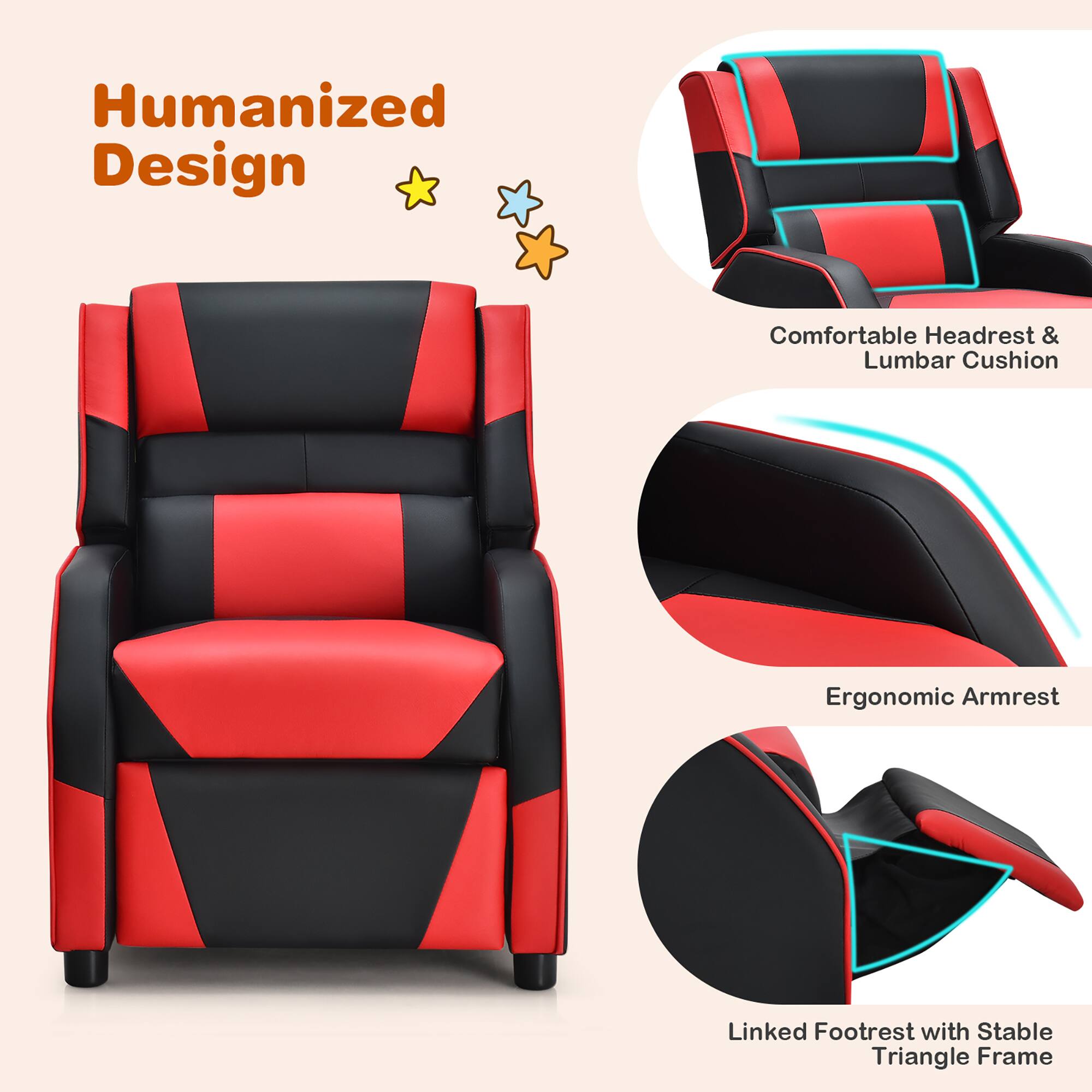 Humanized Design

- Comfortable Headrest & Lumbar Cushion
- Ergonomic Armrest
- Linked Footrest with Stable Triangle Frame