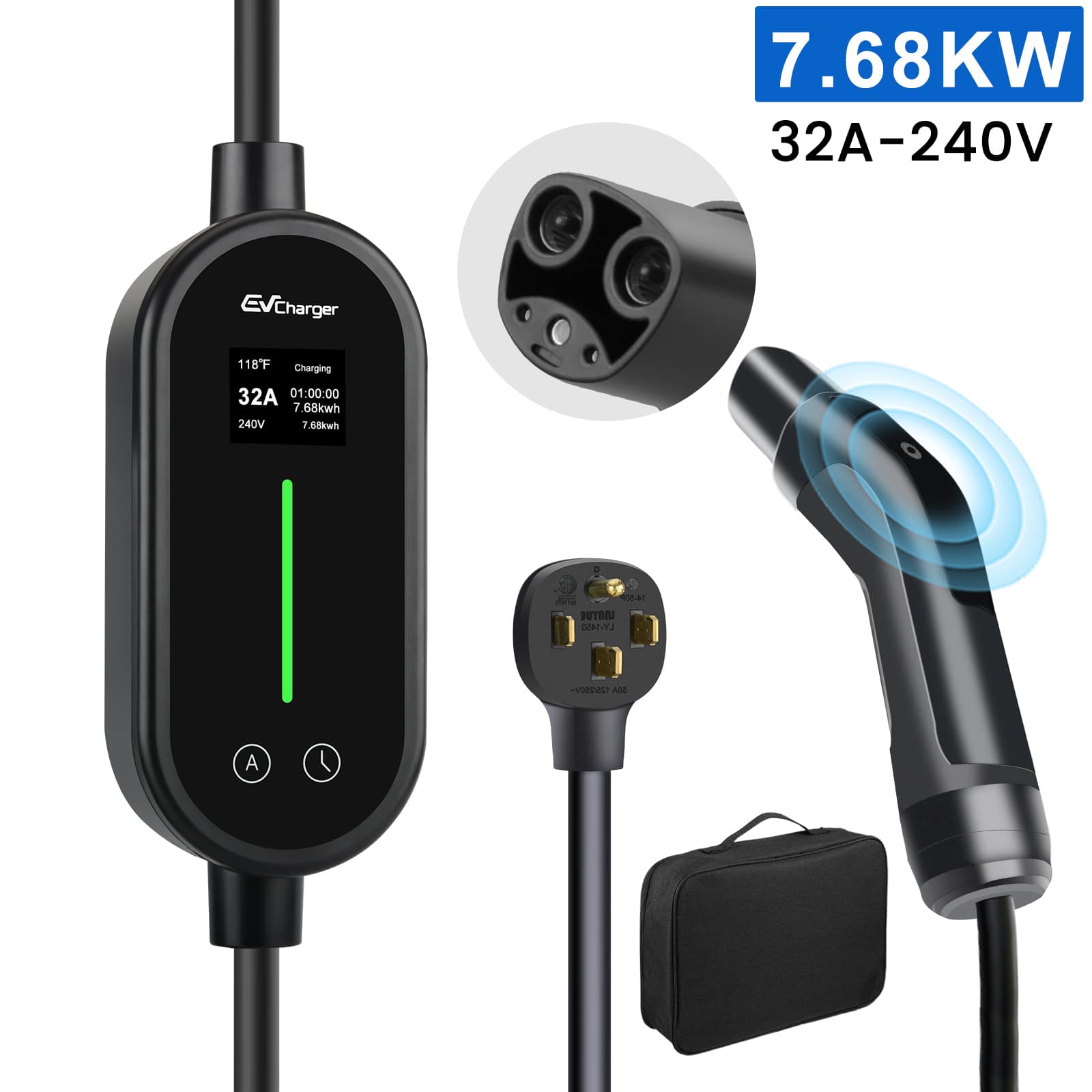 Junsun - NEMA 14-50 6M 240V Level 2 Electric Vehicle (EV) Charger for Tesla Portable Electric Charger 7.68KW 21FT Cable - Black